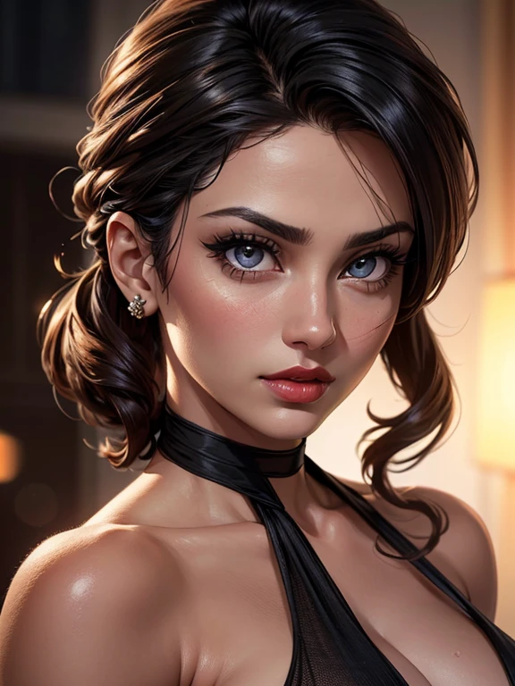 1girl, long hair, foundation, concealer, mascara, rosy cheeks, smokey eye makeup, lipstick, photorealistic, hyperrealistic, hyperdetailed, analog style, soft lighting, subsurface scattering, realistic, heavy shadow, masterpiece, best quality, ultra realistic, 8k, golden ratio, Intricate, High Detail, film photography, soft focus, (european, caucasian:1.5), luxurious night club, dim mood lighting, accent lighting, high end, upscale, posh, fancy ornate bar, (short black cocktail dress:1.25), strapless, bare shoulders, (hair up in messy bun:1.3), content, relaxed, soft smile, elegant dignified pose, (beautiful, gorgeous, flawless complection, glamour model:1.3), twilight blue, sparkling silver, galaxy purple, black velvet, (medium shot:1.4), (portrait:1.2), (hispanic, spanish, dark tan skin:1.3)