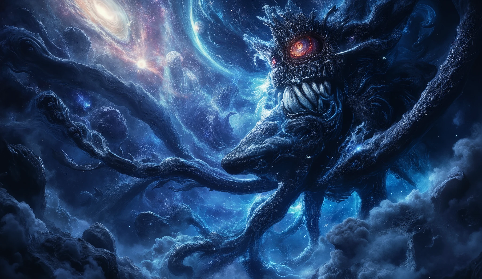 A colossal cosmic horror drifting through the void of space, its gargantuan form an incomprehensible fusion of shadow, stardust, and writhing tendrils that stretch across galaxies. Its eyes are swirling cosmic abysses, glowing with an eerie, otherworldly blue light, as if containing the birth and death of stars. Its mouth, an endless chasm lined with jagged, crystalline fangs, devours entire planets, while nebulous smoke and energy pulse from its massive, ever-shifting body. Its elongated limbs end in massive claws that warp space itself, distorting reality with every movement. The background is an endless cosmic expanse, with distant supernovas, swirling galaxies, and shattered celestial bodies caught in its gravitational pull. Ethereal, glowing patterns resembling ancient runes pulse across its form, hinting at its eldritch origins. The atmosphere is one of unfathomable scale and dread, evoking the insignificance of all life before this godlike, nightmarish entity. Ultra-detailed, hyper-realistic, 16K HDR, cosmic horror concept art.