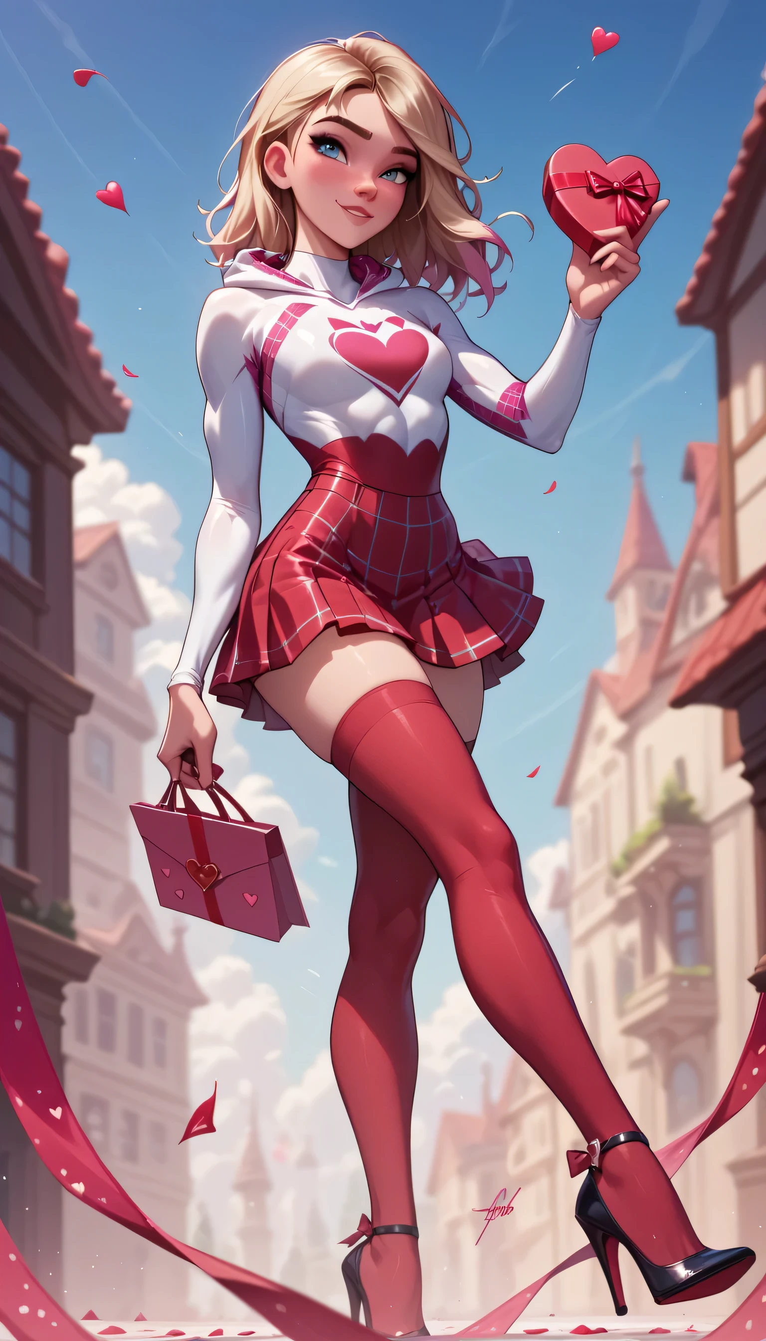 sexy gwen stacy wearing a sexy red skirt and red stockings for valentine's day, high heels, high quality face and detailed eyes
