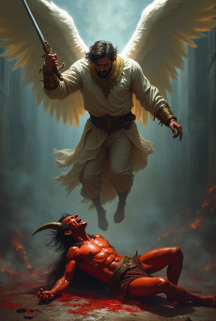 Devil in red on the ground and God in white with his foot on his head and blue alligator looking 