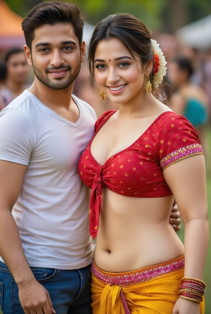 HD wallpaper 32k cinematic shoot of a Beautiful cute Indian girl, with thick thighs and a curvy slim waist, smiling, wearing an Indian song dress, ((navel)), ((long waist)), ((standing beside a man)), ((a man touching her hips))