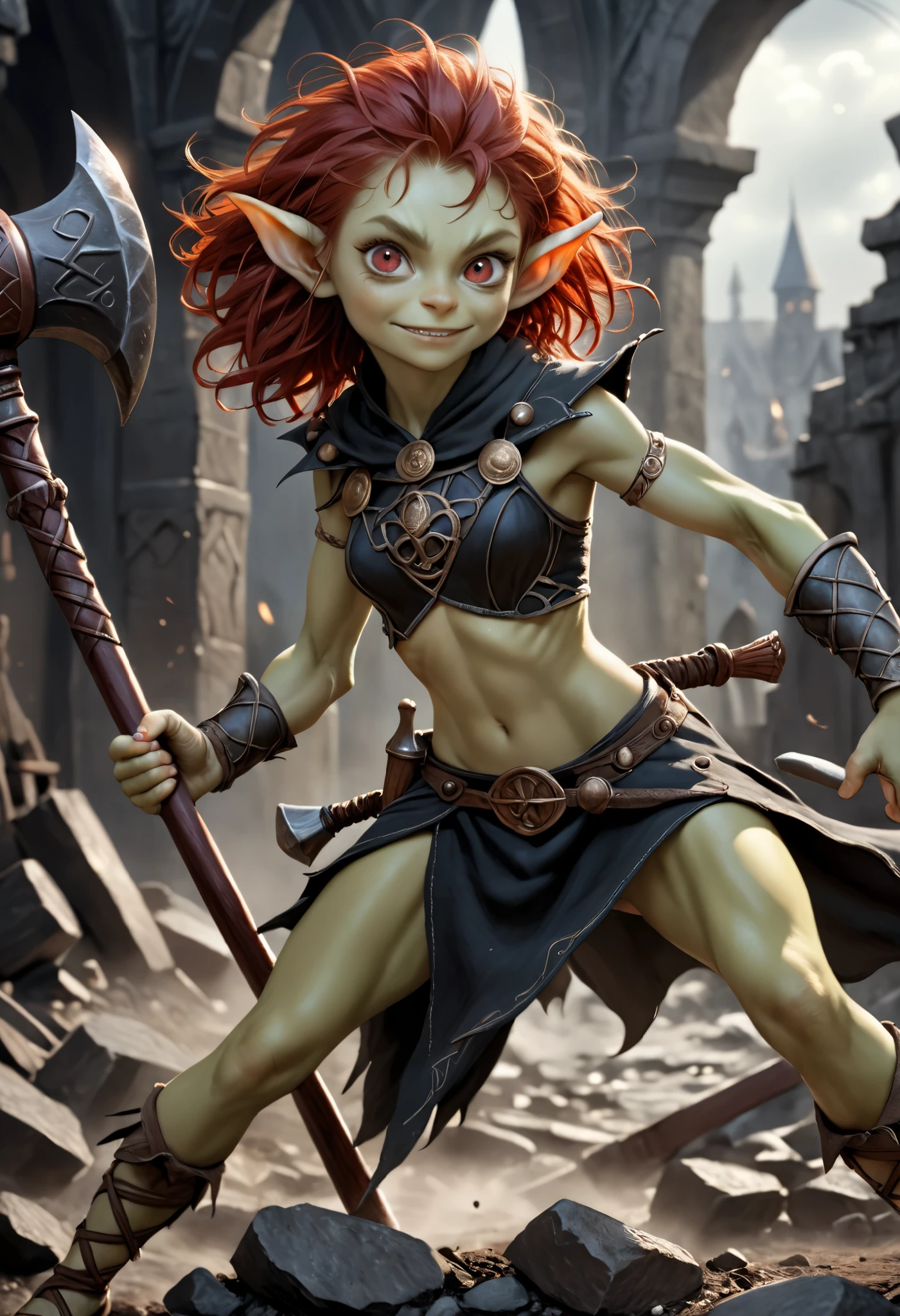 (masterpiece, best quality, amazing quality), (Realisttic:1.2), Realistic character, cute goblin female, redhead, red eyes, full body portrait, holding a big hammer, nerdy, timbougami, akabur, skinny, revealing clothes, little smile, in battle, dynamic composition, intricate gloomy background, dark fantasy style, dark arts, depth of field, fighting