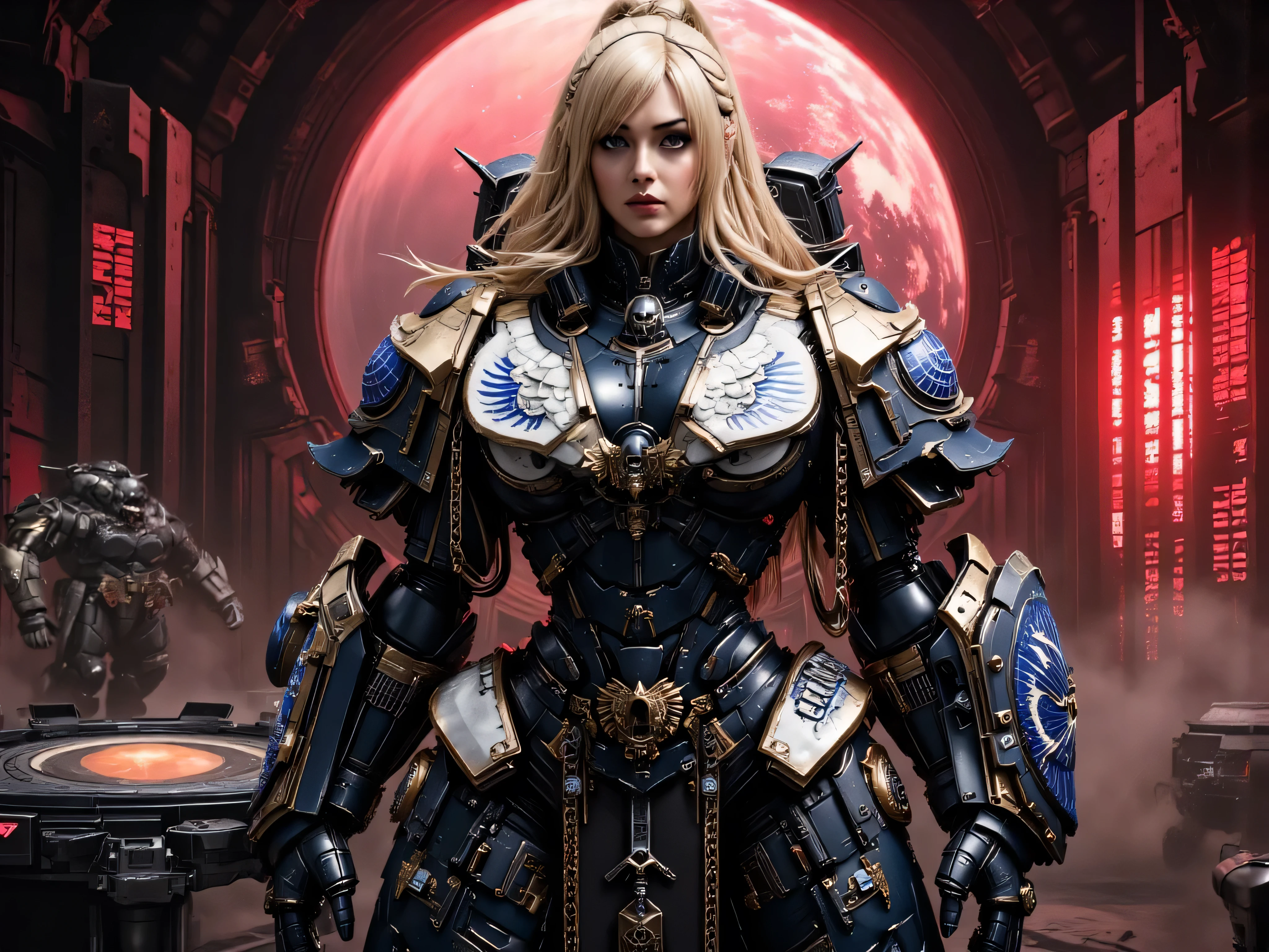 ((best quality)), (Masterpeace, high quality, high resolution, realistic photo, photography, detailed, no tattoos on face), 1 japanese porn star women stormtrooper fighter gangster , age from 30 to 36 years old, porn star Xo Gisele dark space warrior, 8k_wallpaper, extremely detailed eyes, (large masterpiece digital art), (intricate details:1.3 ), (ultra-detailed:1.3), (sharp focus:1.3), (natural lighting:1.05), (vivid colors:1.3), (best quality:1.4), HDR, studio lightings, expressive eyes, full body shot, detailed face, beautiful face, perfect face, impudent rude predatory and vulgar look with a predatory fanged smile, smiles predatorily with passion in the eyes, ((voluminous thick sandy blonde hair)), (korean light predatory makeup), {{wet light bronze skin}}, ({wet light bronze skinned female}), (big breasts), huge chest, (pelvis widens:2.4), big ass, dense white coat, closed chest and stomach with thick steel heavy and bulky nano symbiotic armor mecha armor, dressed in a wide and long black and white strict space military uniform with a high collar, on her shoulders are blue wide shoulder straps framed by golden hanging short chains, on her right chest is an emblem in the form of a blue predatory dragon's mouth, black leather pants, golden cyber gloves, she is standing in a wide space cyberpunk office with a black table on which a hologram of the relief of some planet is turned on, the scarlet sun is shining outside the window, the office is light, post-apocalypse, ultra-realism, hyperrealism, cinematic, dark fantasy, chinese style,