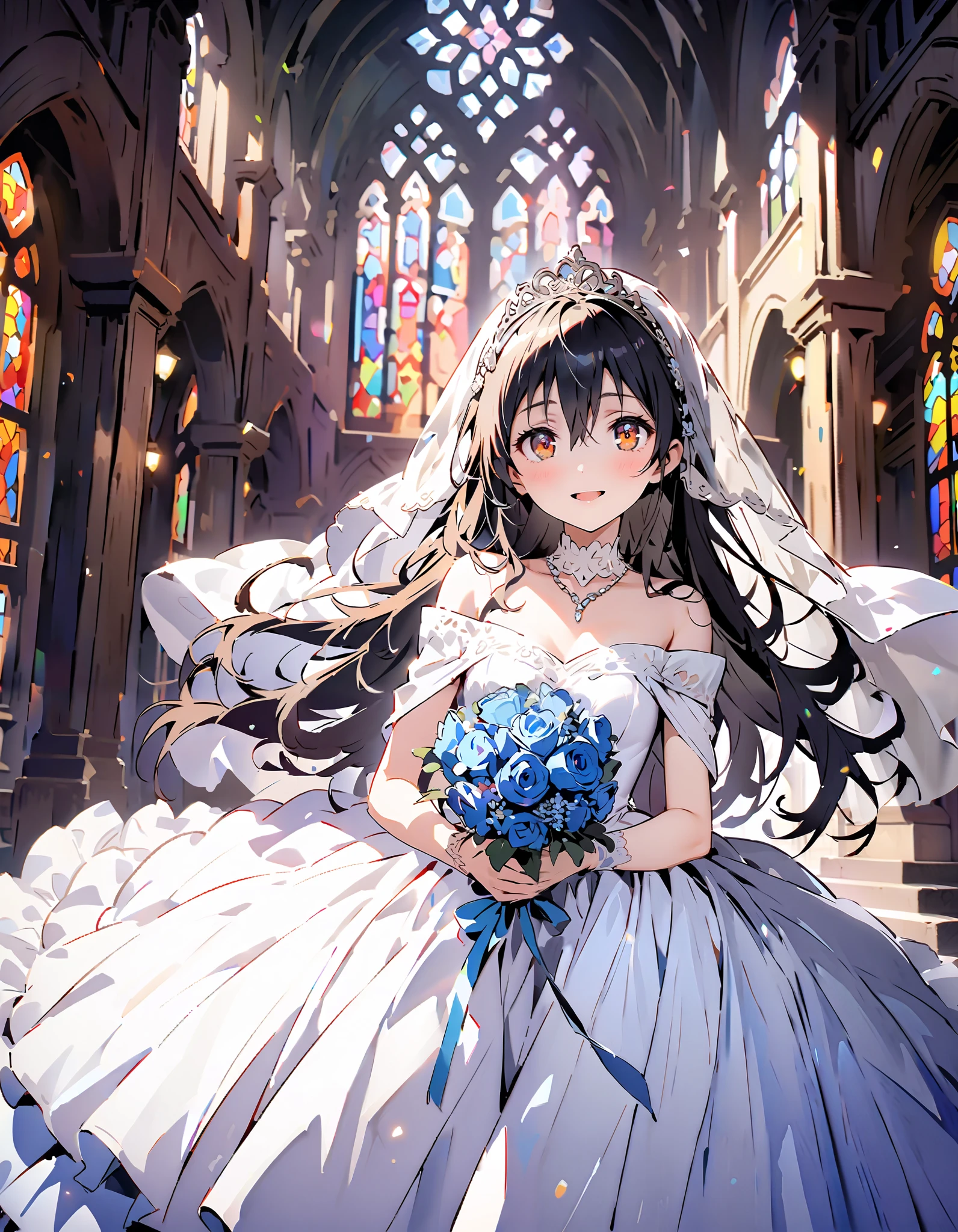 Sonoda Kai , long hair, bangs, brown eyes, lantern,smile,, open your mouth , off shoulder wedding dress, wedding long skirt with a bouquet of flowers in both hands, Veil, tiara , necklace,bouquet, Blue Flower, standing, stained glass ,whole bodyが illustrationに入るように, break indoors, Chapel,church,
break looking at viewer,whole body,
break ( Masterpiece:1.2), Top Quality, nothing , Unity 8k Wallpaper, ( illustration:0.8), ( beautiful detail-oriented eyes :1.6), Very Exquisite Face , perfect lighting , very detailed CG , ( perfect hand, perfect anatomy),
