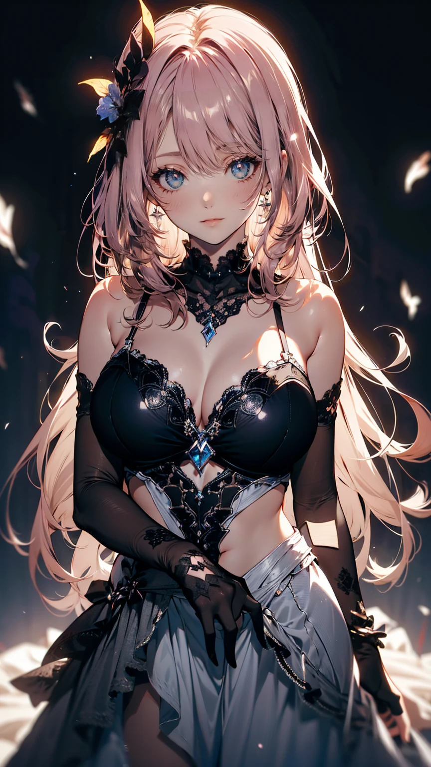 1girl, anime, cute girl, blank background, white background, fantasy, detailed dark fantasy dress with highlights, beautiful face, beautiful eyes, dark colors, long pink hair, medium breasts, slight cleavage, beautiful skin, cute, breast curtains, extremely delicate and beautiful, (beautiful detailed face:1.0), (detailed deep eyes), symmetrical breasts, deep eyes, shiny skin, portrait, slender waist, hips wider than shoulders, thighs, young girl, expressionless
