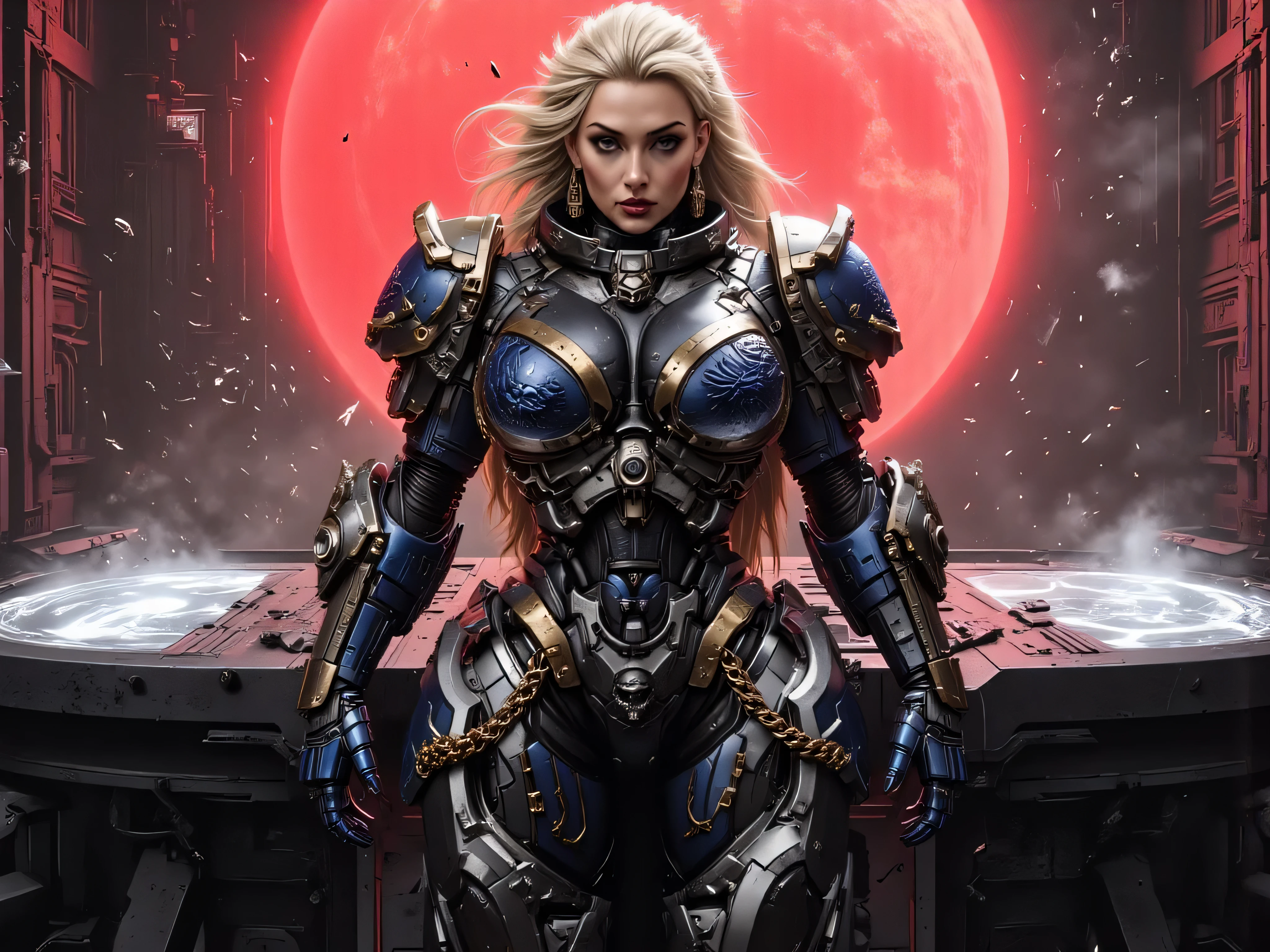 ((best quality)), (Masterpeace, high quality, high resolution, realistic photo, photography, detailed, no tattoos on face), 1 japanese porn star women stormtrooper fighter gangster , age from 30 to 36 years old, porn star Xo Gisele dark space warrior, 8k_wallpaper, extremely detailed eyes, (large masterpiece digital art), (intricate details:1.3 ), (ultra-detailed:1.3), (sharp focus:1.3), (natural lighting:1.05), (vivid colors:1.3), (best quality:1.4), HDR, studio lightings, expressive eyes, full body shot, detailed face, beautiful face, perfect face, impudent rude predatory and vulgar look with a predatory fanged smile, smiles predatorily with passion in the eyes, ((voluminous thick sandy blonde hair)), (korean light predatory makeup), {{wet light bronze skin}}, ({wet light bronze skinned female}), (big breasts), huge chest, (pelvis widens:2.4), big ass, dense white coat, closed chest and stomach with thick steel heavy and bulky nano symbiotic armor mecha armor, dressed in a wide and long black and white strict space military uniform with a high collar, on her shoulders are blue wide shoulder straps framed by golden hanging short chains, on her right chest is an emblem in the form of a blue predatory dragon's mouth, black leather pants, golden cyber gloves, she is standing in a wide space cyberpunk office with a black table on which a hologram of the relief of some planet is turned on, the scarlet sun is shining outside the window, the office is light, post-apocalypse, ultra-realism, hyperrealism, cinematic, dark fantasy, chinese style,