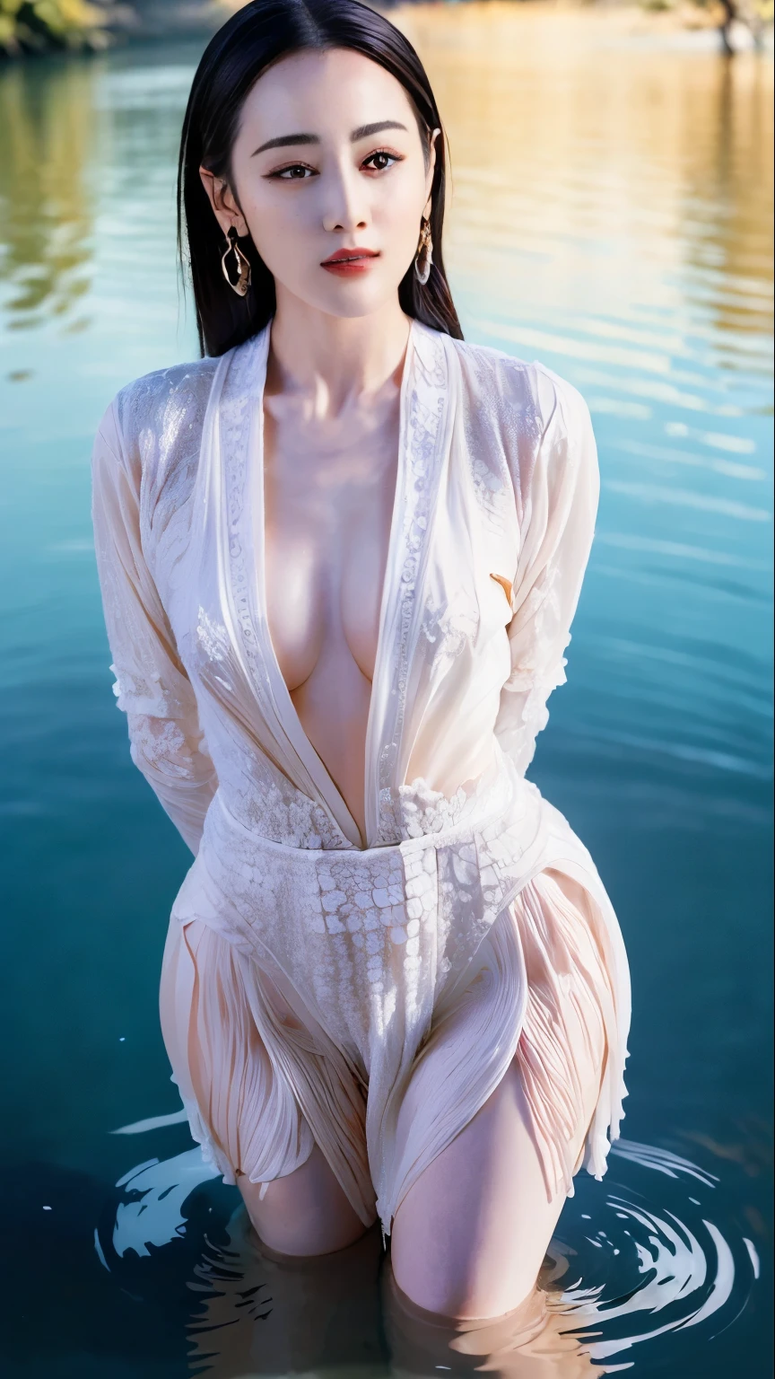 ""A stunning full-body nude portrait of a woman (Dilraba Dilmurat) bathing in a river during the golden hour, surrounded by reeds, with soft backlighting creating a soft glow around her silhouette. Standing, large breasts, naked vagina and anus, Her skin is wet and glistening as water droplets run down her face and shoulders, creating a serene and ethereal atmosphere. A masterpiece, hyper-realistic, cinematic lighting, lens flares, blooms, shadows, volumetric light and soft ripples in the water. Inspired by the art styles of Jeremy Lipking and Antonio J. Manzanedo. A perfect balance between realism and artistic beauty in digital painting."