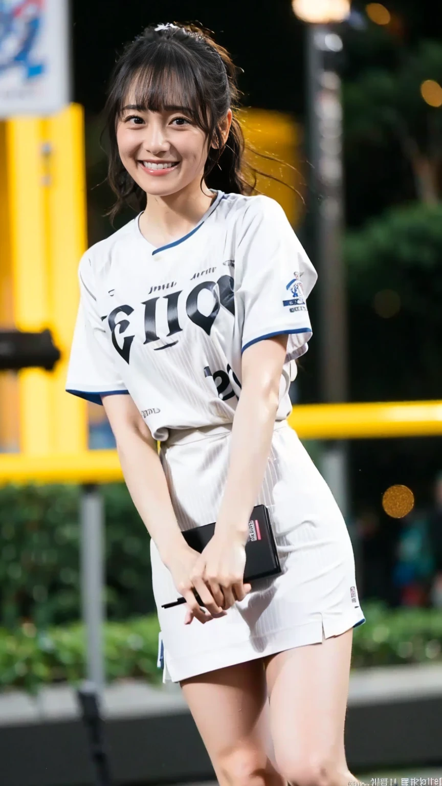 ((highest quality)), ((masterpiece)), (be familiar with), perfect face,baby face,woman,baseball uniform,short hair,catcher