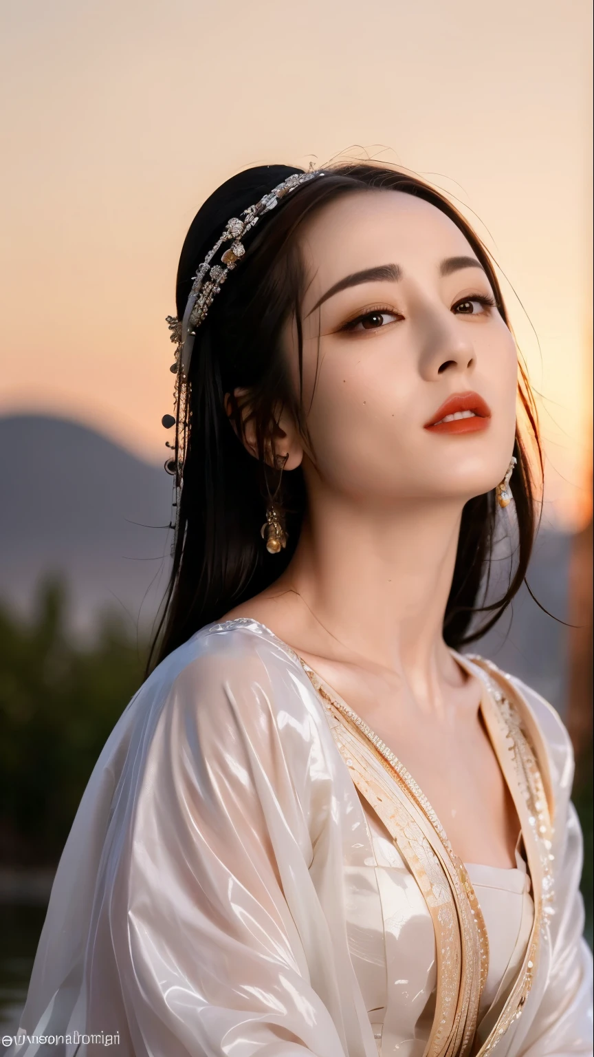 "Close-up portrait of a breathtakingly beautiful woman (Dilraba Dilmurat) gracefully bathing in a tranquil river at golden hour, surrounded by lush reeds and soft mist rising from the water. She wears an elegantly flowing Hanfu, intricately embroidered with golden floral patterns, the fabric clinging gently to her wet skin as it drapes around her form. Her long, dark hair is damp, cascading in delicate strands over her shoulders, adorned with traditional jade and gold hair ornaments.
Warm backlighting casts a soft ethereal glow around her silhouette, emphasizing the glistening water droplets on her flawless skin. The setting sun creates a mesmerizing interplay of light and shadow, with cinematic lighting, volumetric glow, and delicate lens flares adding depth to the composition. Gentle ripples in the water reflect the golden hues of the evening sky, enhancing the serene and poetic atmosphere.
Her deep, expressive eyes gaze into the distance with a tranquil expression, framed by soft, natural makeup and a hint of warm blush. The scene embodies a perfect blend of hyper-realistic portrait photography and romanticized traditional Chinese aesthetics, inspired by the masterful brushwork of Jeremy Lipking and Antonio J. Manzanedo, merged with the elegant visual storytelling found in classical Chinese paintings.
A high-definition, ultra-detailed digital painting in 8K resolution, capturing every intricate detail from the fine textures of her damp Hanfu to the delicate reflections of light dancing on the water's surface. The final artwork conveys a harmonious fusion of realism, tradition, and artistic elegance, encapsulating the timeless beauty of Chinese heritage in a modern, visually stunning masterpiece."**