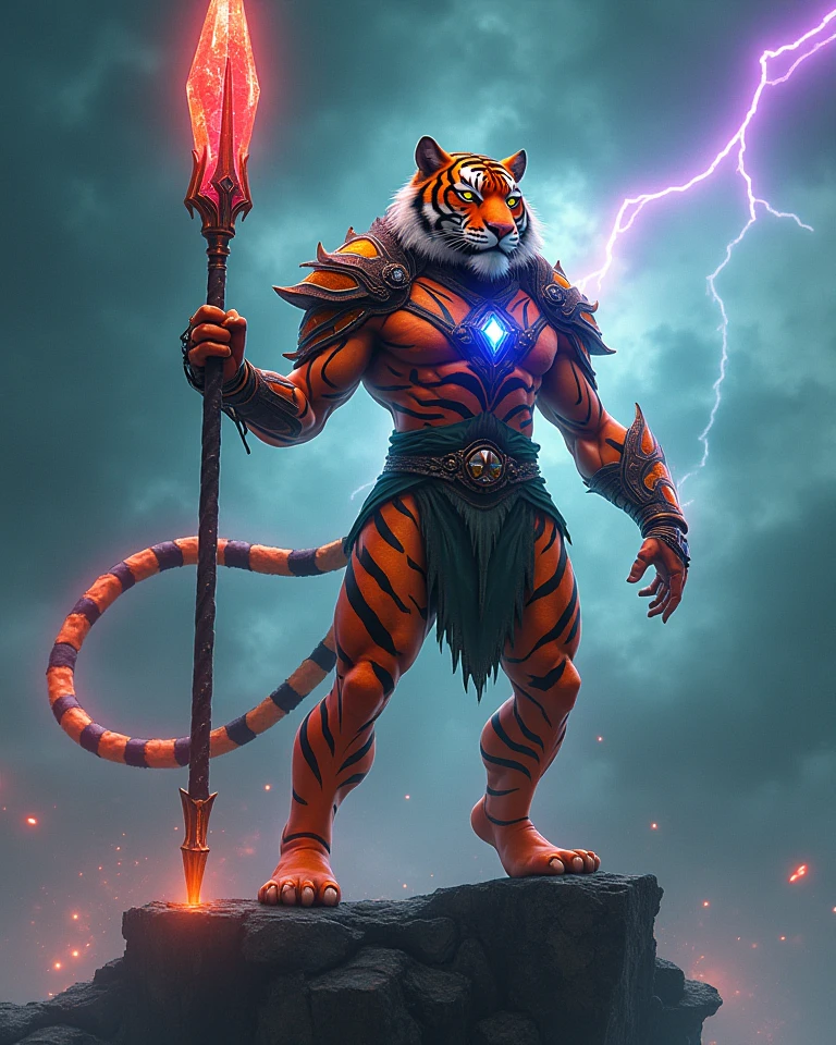 I want a tiger from the front, appearing from the navel to the head, extremely muscular with a magic circle on his back similar to Doctor Strange's, very bright eyes as if they were lightning and with both hands extended forward and a little apart, as if power was coming out of his hands flowing like smoke.