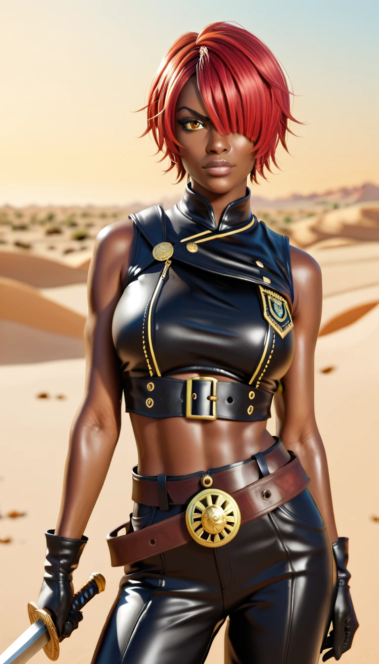 Girl 18 years old African American black leather jacket and pants, sunglasses, short curly hair,half body big breasts,with nervous expression,armed, holding two knives up,in the desert the starry night,(8k detailed realistic raw photo)