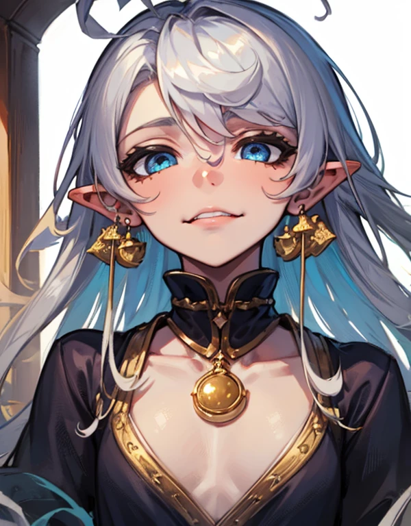 Beautiful girl, (Platinum hair), ((very long curly hair)), face perfect, innocent smirk, trunk,(cerulean eyes), (yan), (mic), (slim), ((flat-chested)), ((21 years old)), skin denture, extreme detail, charming oval face, Red lips, Pink, shining skin, detailed hair, Facial Focus, Close-up chest, gold decorative necklace, gold earrings, ((1 girl)), Embarrassed expression, elf ears