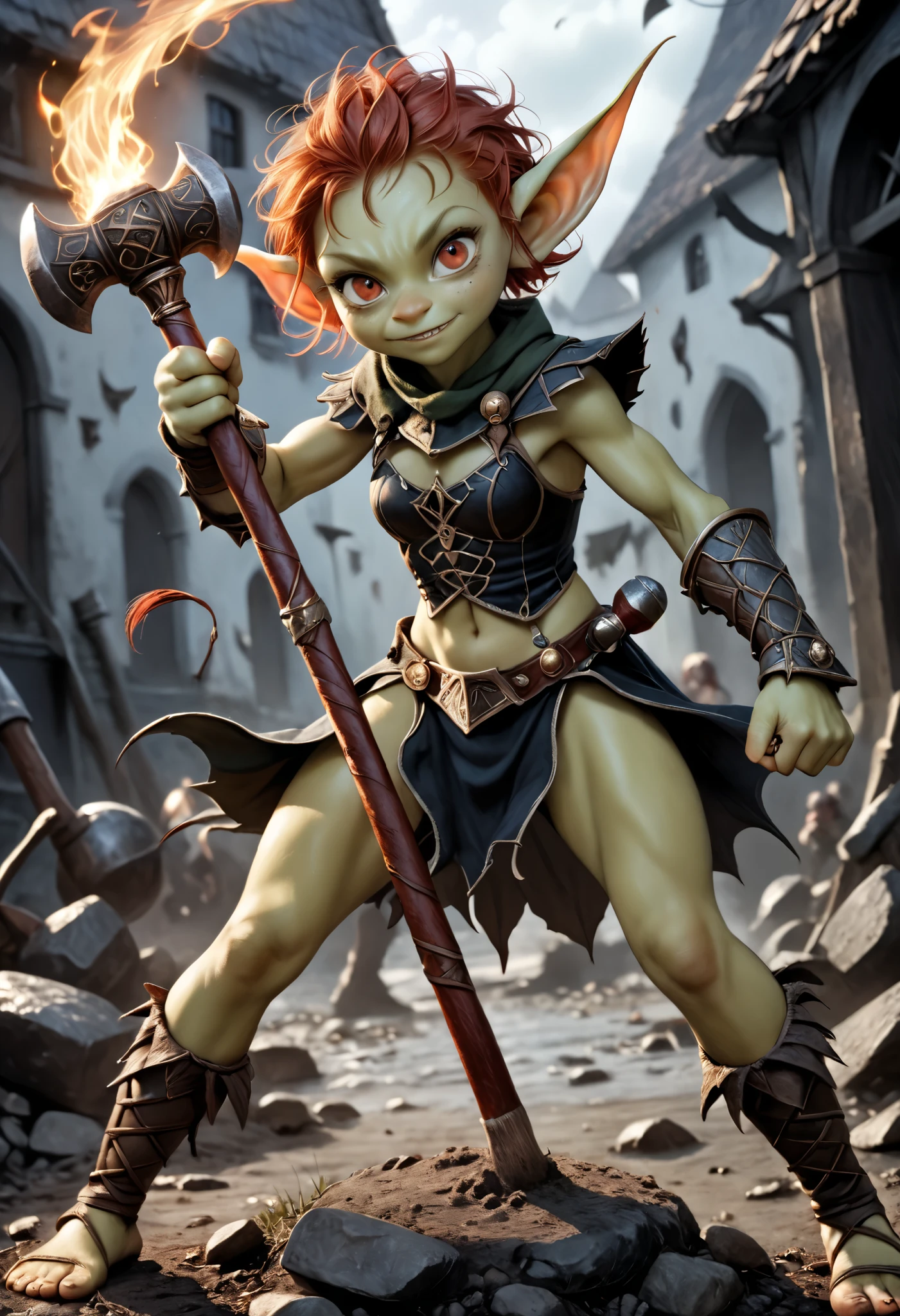 (masterpiece, best quality, amazing quality), (Realisttic:1.2), Realistic character, cute goblin female, redhead, red eyes, full body portrait, holding a big hammer, nerdy, timbougami, akabur, skinny, revealing clothes, little smile, in battle, dynamic composition, intricate gloomy background, dark fantasy style, dark arts, depth of field, fighting
