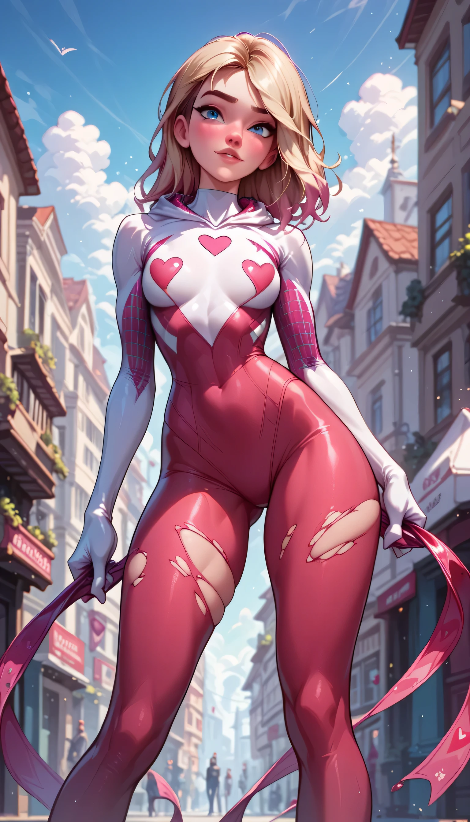 sexy gwen stacy wearing a sexy ripped red leggings for valentine's day, high quality face and detailed eyes, standing up