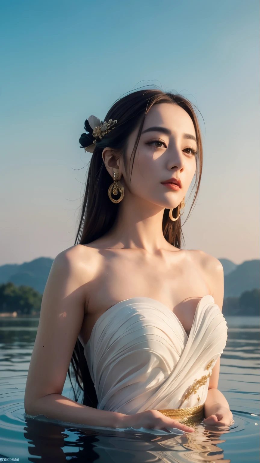 Close-up portrait of a mesmerizingly beautiful woman (Dilraba Dilmurat) gracefully bathing in a serene river at golden hour, wearing a translucent, delicately embroidered Hanfu, soaked in water and clinging gently to her form. Her dark, silky hair is damp, cascading over her shoulders, adorned with elegant jade and gold hair ornaments. She stands in the shallow waters, reeds swaying around her, as gentle ripples reflect the warm hues of the setting sun.

Cinematic backlighting creates a glowing halo effect around her silhouette, enhancing the soft bloom, lens flare, and volumetric lighting that dances across the water's surface. Her radiant skin glistens with water droplets, showcasing hyper-realistic textures and intricate detail in every reflection.

Her deep, expressive eyes hold a serene and contemplative gaze, framed by delicate, natural makeup. Inspired by the masterful realism of Jeremy Lipking and Antonio J. Manzanedo, this digital painting captures a harmonious blend of traditional Chinese aesthetics and contemporary fine art techniques. The scene evokes a sense of elegance, mystery, and timeless beauty, immersing the viewer in an ethereal moment of stillness and grace.

Rendered in 8K ultra-high resolution, this masterpiece showcases lifelike details, from the fine embroidery of her Hanfu to the shimmering water droplets on her skin. The composition is carefully designed to balance realism, artistic storytelling, and classical Chinese heritage, resulting in a truly captivating work of art."**

