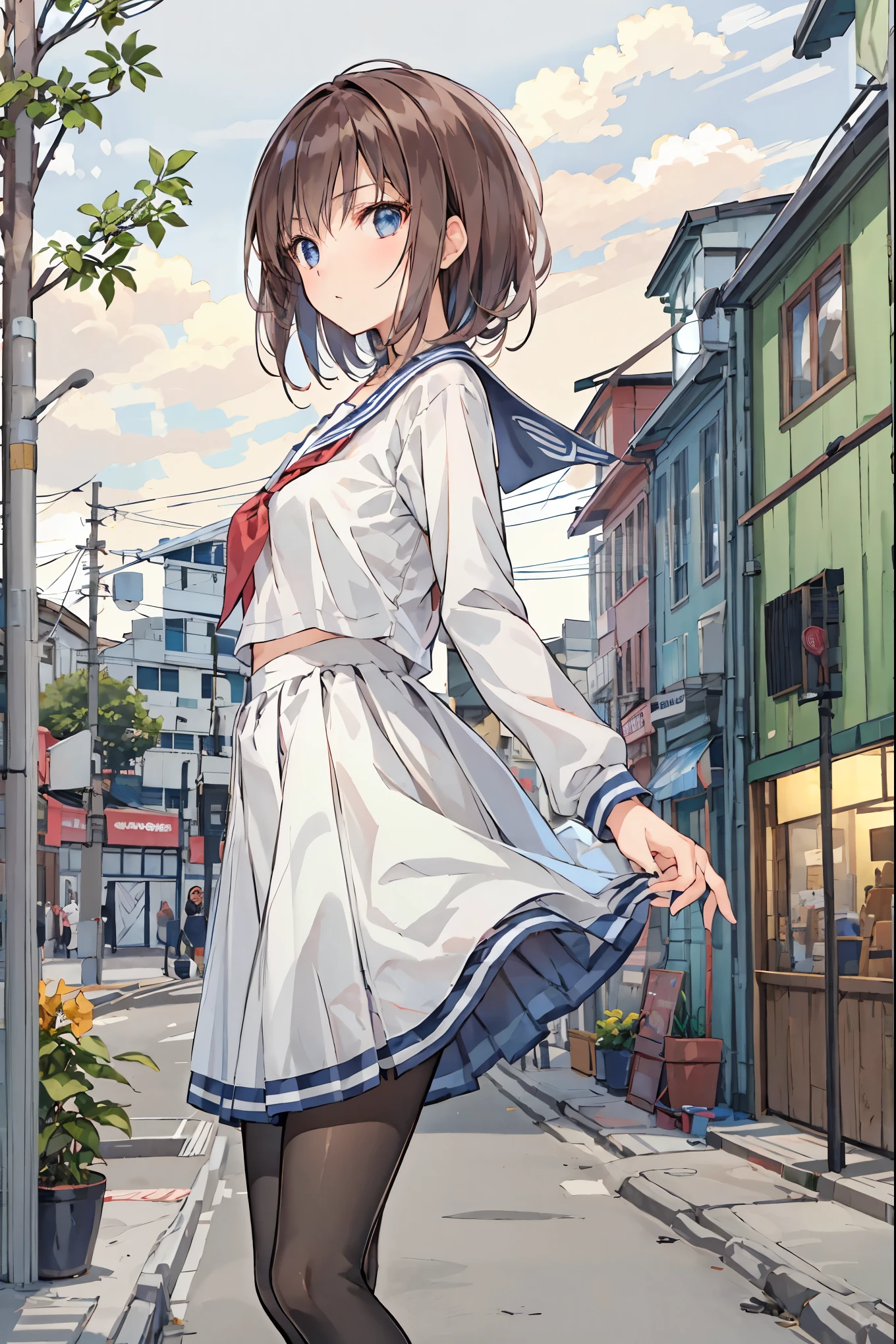 8k, highest qualそれy, Masterpiece, very detailed, ultra high resolution, by Nomi, RAW photo, ultra high resolution, Small face compared to body, very small face , black hair, High school girl wearing a navy sailor suそれ, animation 2D rendering, by Nomi若いアニメの女子高生, has enchanting gray-blue eyes that shine like stars, Tiny Breasts , tall , Slanted Eyes , (School view), black stockings , bright color, dark blue skirt, bob cut,