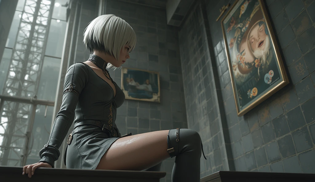 Camera from above, sits on the edge, Sits, Camera from above, Frame from above, sits on the edge of the roof, White Hair Bob, ashy hair, The eyes are covered with a bandage, Cyan eyes, black dress with a short skirt, short black skirt, The skirt covers the buttocks, neckline on the chest, white panty, black stockings, high black boots, high-heeled boots, very extremely beautiful, Slender figure, Full-length(Body Full 1.1),Game nier automata, ruined city, The city, overgrown with plants, Ruins, high detail official illustrations, ((beautiful fantasy girl))，Red Small Breasts, Her breasts are sticking out from under her clothes, BREAK (Master Part: 1.2), Best Quality, High Resolution, photorealestic, photogenic, Unity 8k壁纸, (illustartion: 0.8), (Beautiful detailed bluish-gray eyes: 1.6), extremely detailed face, perfect  lighting, extremely detailed CGI , (perfect arms, perfect anatomy), A girl with perfect breasts, beatiful face, master study, intricate details, Detalhes realistas, the anime, (Based on nier automata) the perfect body, The Perfect Girl, perfect details, Ultra HD |, 8K, Professional photo, 2B Sexy Body,