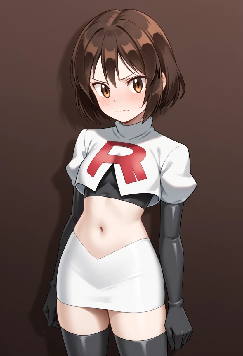 1girl, solo, sky, looking at viewer, cowboy shot, smile, smug, <lora:team-rocket-uniform-08:1>, team rocket uniform, white jacket, white skirt, pencil skirt, miniskirt, thighhigh boots, midriff, red letter "R", <lora:makoto:0.823>, makoto, brown hair, short hair, red eyes,