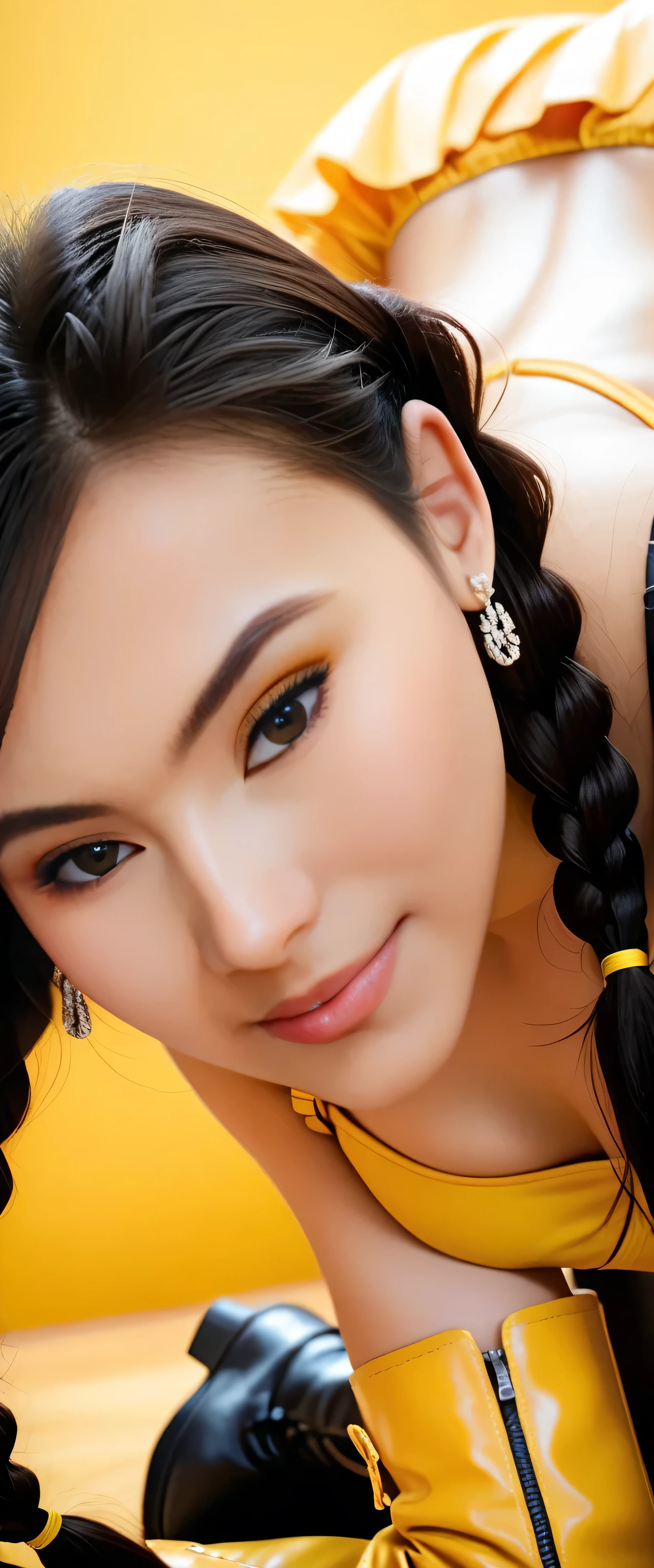 1girl, (asian model), 18 years old,soft body, black hair, braids,whole body, hair reaches waist, whole body,((head to leg)),black bracelets,black chain,yellow bra,yellow pleated skirt, white tall boots,large earrings,close-up, 8k, RAW photo, best quality, masterpiece,realistic, photo-realistic,seductive,cute,yellow background, erotic pose, on fours