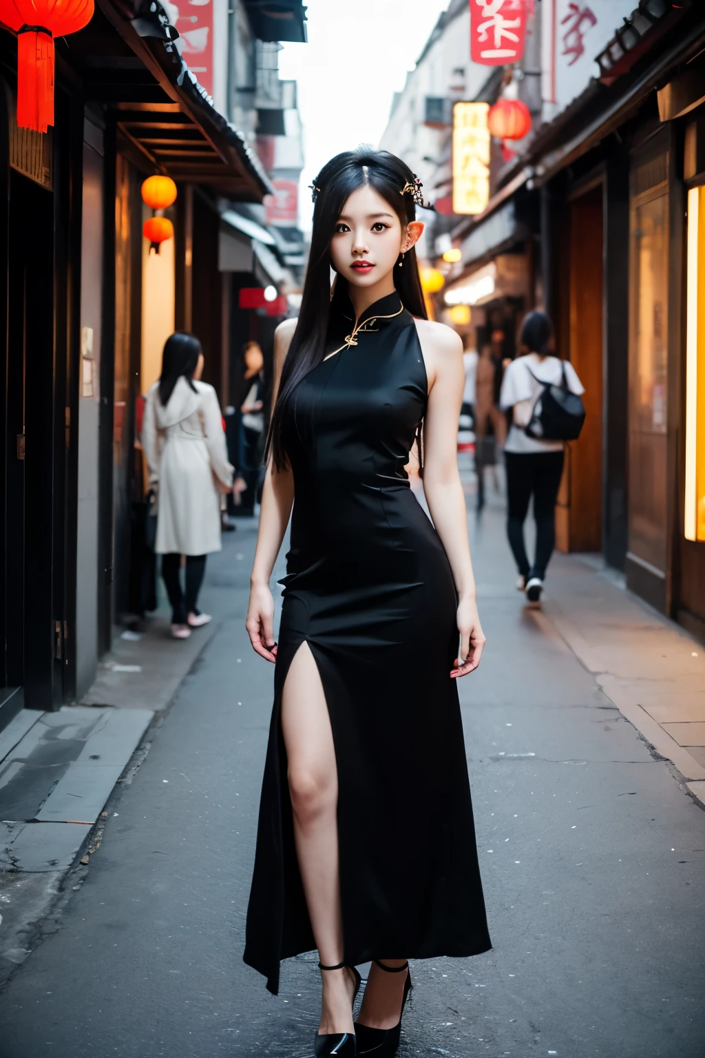 chinese elf, pointed ears, black high heels, stand, black long straight hair black hair, long red chinese dress, headpieces, chinese street background, 