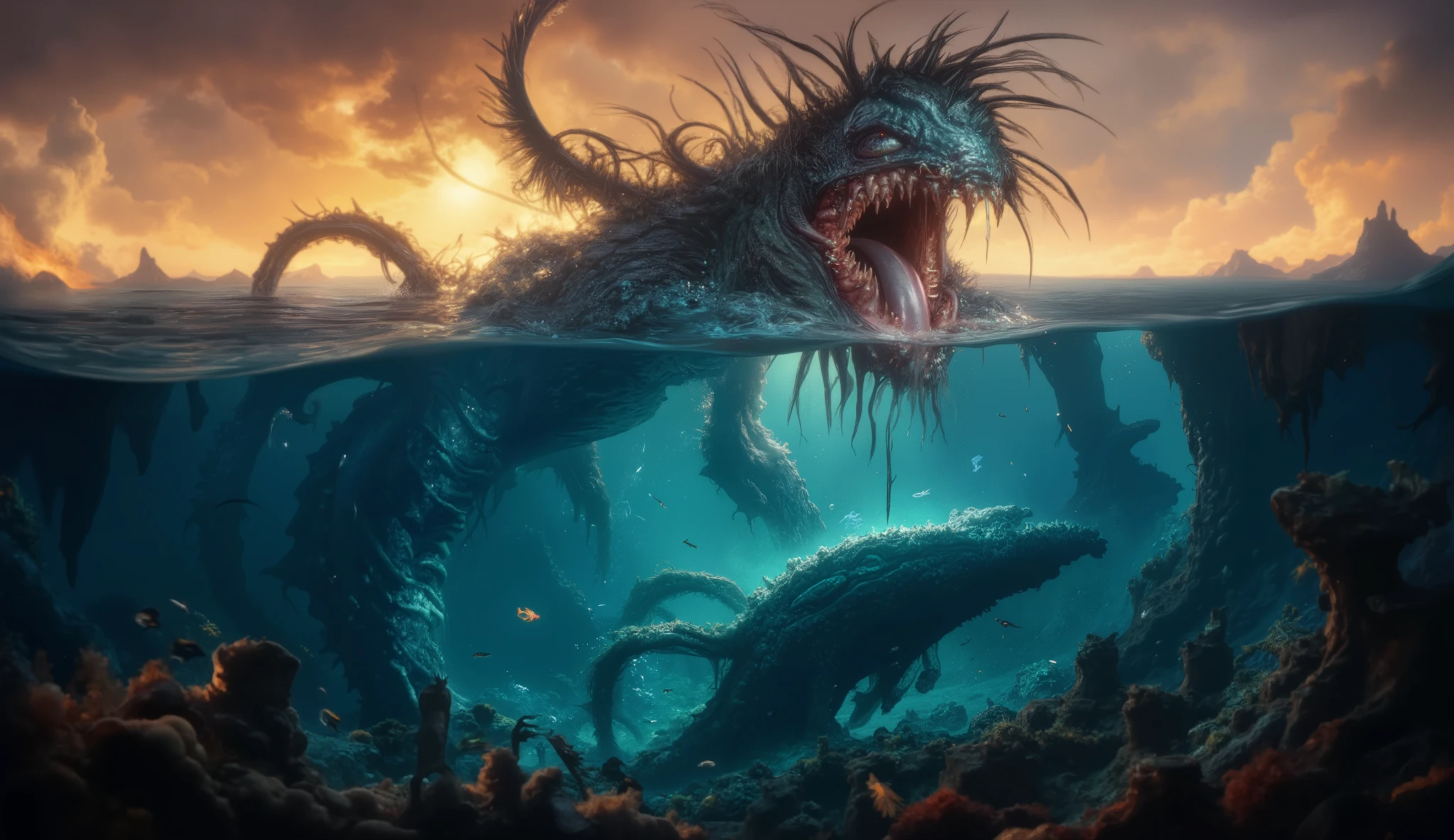 A colossal sea monster emerging from the ocean at sunset, its grotesque, scaly body partially submerged, covered in jagged spines and bioluminescent patterns. The creature has long, writhing tentacles extending from its back, razor-sharp fins, and deep-set, glowing red eyes that pierce through the water. Its massive jaws are filled with uneven, serrated teeth, dripping with seawater. Below the surface, its immense, sinuous body disappears into the abyss, surrounded by swirling fish and eerie shadows. The underwater scene is teeming with vibrant coral reefs, ancient ruins, and scattered skulls, adding a sense of mystery and danger. The surface reflects the golden-orange hues of the dramatic sky, with distant jagged mountains in the background. The lighting is cinematic, with rays of sunlight filtering through the water, creating an eerie yet majestic ambiance. Ultra-detailed, hyper-realistic, 16K HDR, fantasy concept art.