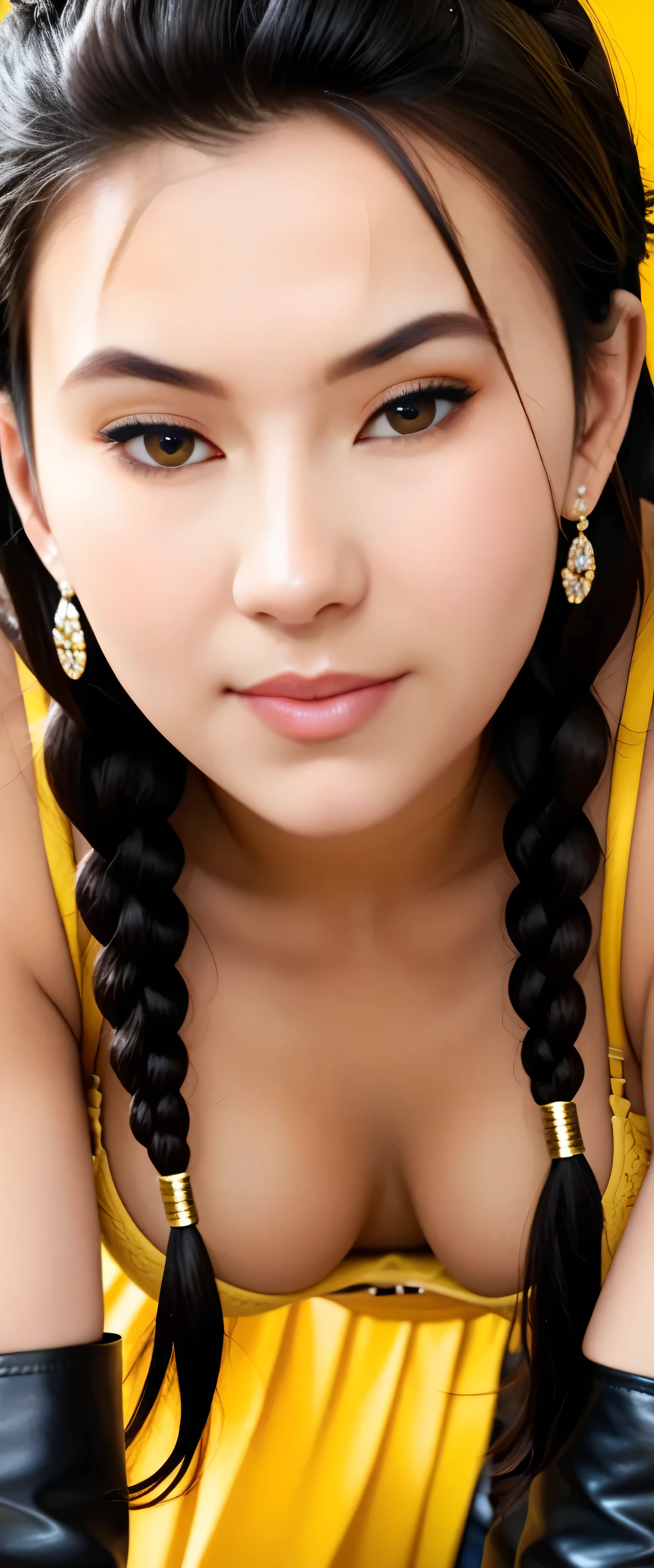 [nsfw],1girl, (asian model), 18 years old,soft body, black hair, braids,whole body, hair reaches waist, whole body,((head to leg)),black bracelets,black chain,(yellow_bra),yellow pleated skirt, white_tall_boots,large earrings,close-up, 8k, RAW photo, best quality, masterpiece,realistic, photo-realistic,seductive,cute,yellow background, (erotic_pose), (on_fours)