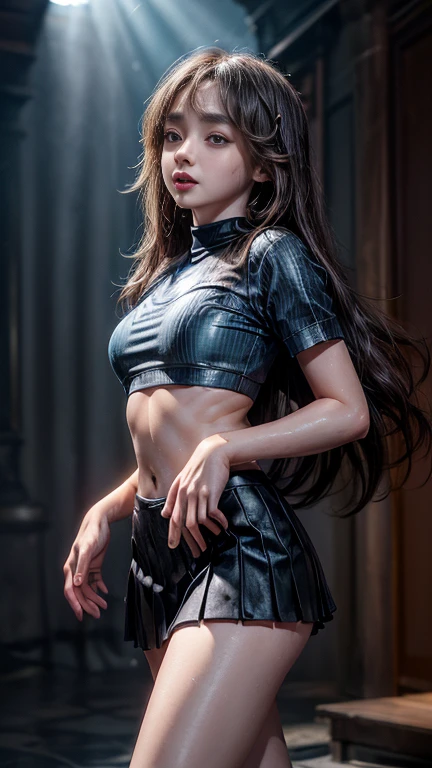 a young woman with long black hair in a high ponytail and braided plait, wearing a one-shoulder top with the left side black and the right side red, showing her bare midriff, a short white mini skirt that lifts around her hips, arms raised above her head, giving one leg, dancing in a disco setting, full body shot from a frog perspective, transparent clothing, best quality, 4k, 8k, highres, masterpiece:1.2, ultra-detailed, realistic, photorealistic, photo-realistic:1.37, HDR, UHD, studio lighting, ultra-fine painting, sharp focus, physically-based rendering, extreme detail description, professional, vivid colors, bokeh, portraits, photography