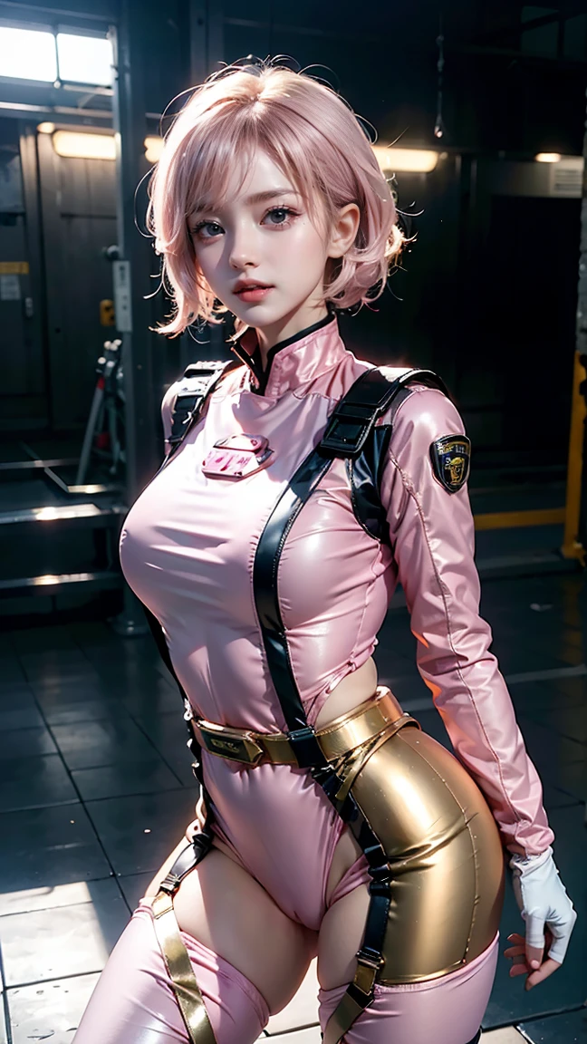 ((1 girl), Sayla Mass, elegant), bending waist、woman's whole body、see the beholder, young woman,bright smile、shy、blush、expression of ecstasy、erotic、charming、Charm、bob short、bangs、shiny blonde hair、blue eyes、long, well-shaped eyelashes、perfect eyes、Slender eyes、glossy pale pink lips、(Plump slender body of a young woman、plump body:1.3、shiny skin、Beautiful big breasts:1.1、thin waist、Beautiful butt、Thick thighs、beautiful long legs)、perfect arms、perfect hands、perfect fingers、perfect body shape、perfect anatomy、(Army pink uniform dress with short super uper miniskirt You can see the pants in the miniskirt), cameltoe, lilac lace shorts、Bright red long boots), steam、steam、sexy genital pose gesture、cheeky pose、(putting fingertips on lips),(with sparkling eyes and a contagious smile),nsfw, From Above、cowboy shot, no gravity, figure, Bright colors, Practical Light, (background is blurred:0.8)、highest quality, disorganized, good quality、Realistic, ultra high resolution, masterpiece、HDR、UHD、8k