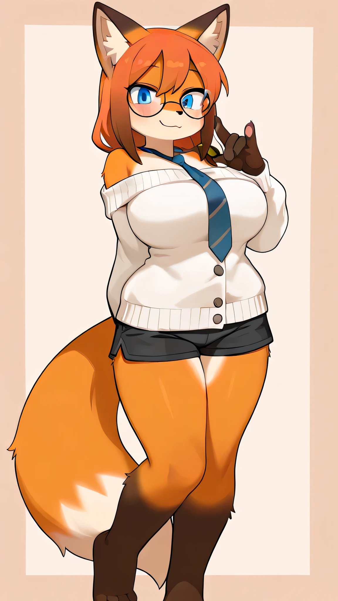 female anthro master tigress,Brown long fluffy hair, fluffy hair, squirrel ears, hyena, big breasts, attractive, blazer, blue jacket,cleavage, decolletage,bra,(breast focus),long sleeves, plaid skirt, brown skirt, black thighhighs, thicc body, thicc body, thicc, freckles, freckles on face, neutral expression, smug eyes, she is standing (thick thighs:1.5)