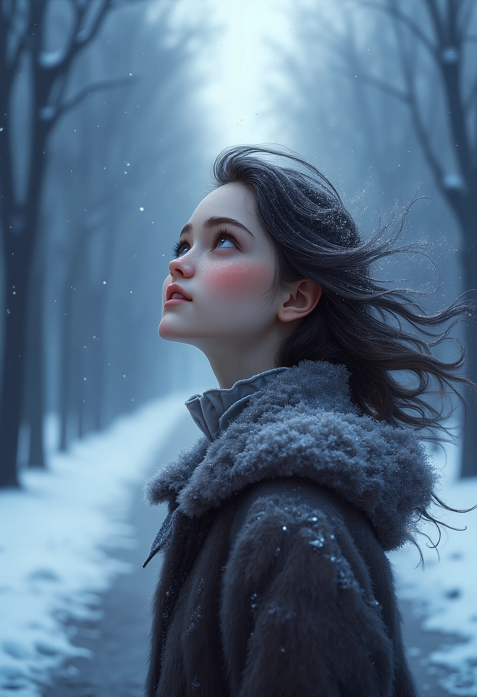 1 girl, European,  dark hair winter  ( close-up of the upper body ),  girl walks down a long alley with trees .  The girl's body is shot from the side ,  her head is turned towards the viewer .  winter atmosphere , (snow falls in flakes ), snowdrifts , fog. cold. frost.  front view. asahi .  Beautiful gradient ,  written in the depths , ( Particles of light and snow dust flutter in the air ,  gently frame her sweet casual hairstyle), Beautiful pale face,  cold blush ,  girl looks up at the sky ,  beautiful hair ,  fluttering in the wind .  The girl is dressed in warm fur jacket . Girl with a gentle smile , photo by Acrial 