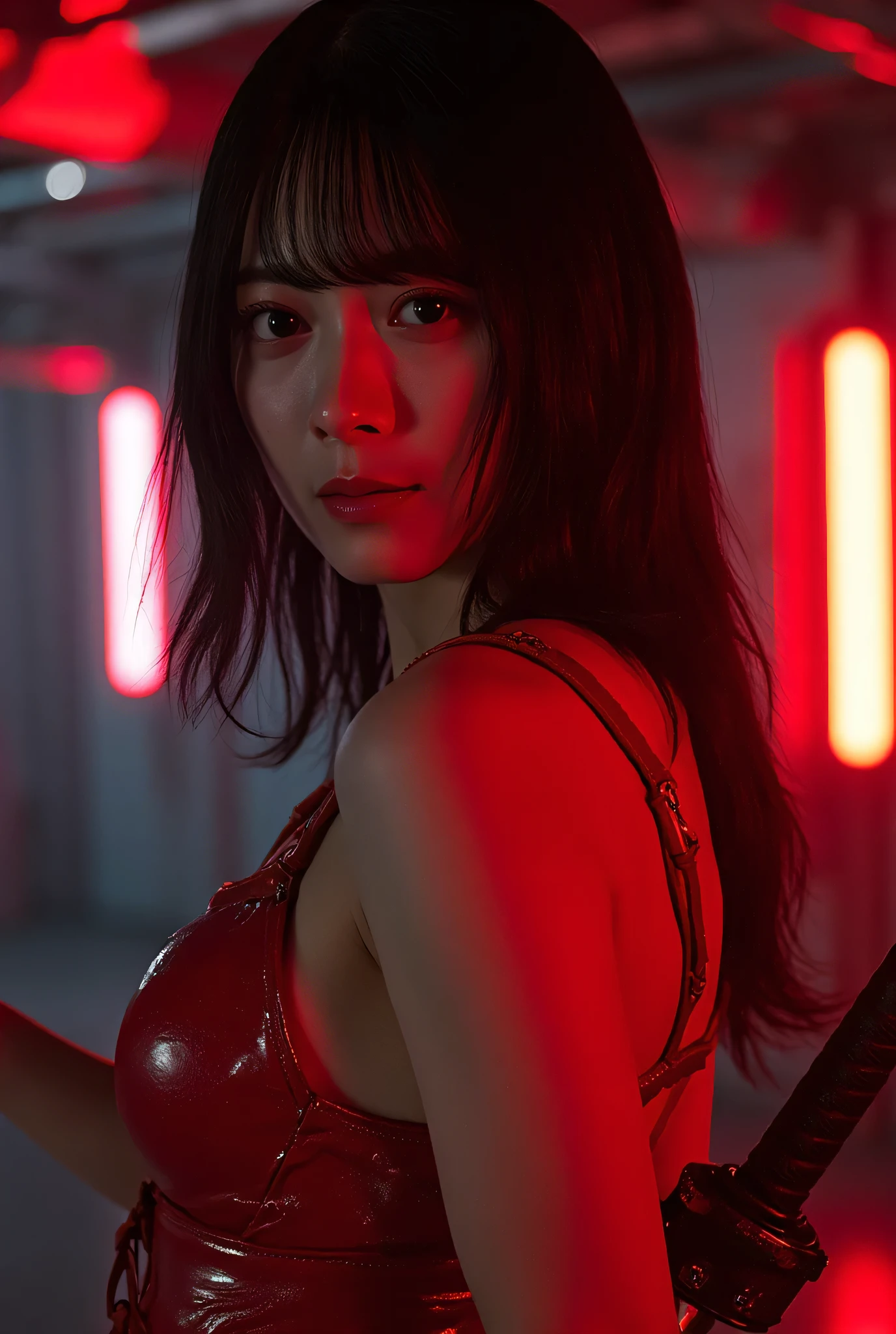 (((The dark interior of the Nostromo ship :2.0))),((( HR Gigger Style Cyberpunk Atmosphere :2.0))),(((Hold a cyberpunk-style Japanese sword:2.0))),Side view from the back ,Side pose,(( Look Back and Look at the Camera:2.0)),(( Looking Over My Shoulder :2.0)),Rear View,((whole body:2.0)), one woman,( cute face),(Beautiful well-balanced face ),(( natural big breasted :2.0)),( black hair:1.5),( beautiful eyes:1.3), glamorous shot of a 20-year-old Japanese woman , Slender Beautiful Body ,(( model body type:2.0)),(( slim body with hot water:1.7)), perfect body line , Ideal Proportions ,( big breasts:1.5),Bare thighs, sensual thighs, delicate body,( Muscular:1.5),A harmonious posture,((Beautiful ass:2.0)),((cute ass:2.0)), ((((Bare ass :2.0)))),((( T-back :2.0))),(Realistic breast depiction :1.5), carefully depicting limbs based on perfect anatomy,Filled with multicolored LEDs,((Futuristic samurai armor style red glowing super high-leg leotard :2.0,((, a camy-like shiny iron super high-leg leotard that fits the body :1.5)),(( red samurai coat style military coat with the front open over a leotard:1.5)),((Coat with iron decoration :2.0)),((Tactical Holster:1.5)),( gloves:1.3), Concept Art,( top quality:1.5),( Masterpiece:1.5),(Super high resolution),resolution,UHD,( delicate depiction), carefully drawn with butterfly wings ,32K,(( realistic skin texture:1.5)),((( super realistic :1.5))), eyelashes, Highly Detailed Face,Highly detailed female hand,Very sensual,(Blurry Dim Backgrounds :1.5), Professional Photoshoot,( Movie Lighting:2.0),(( Blade Runner Style Lights :2.0))