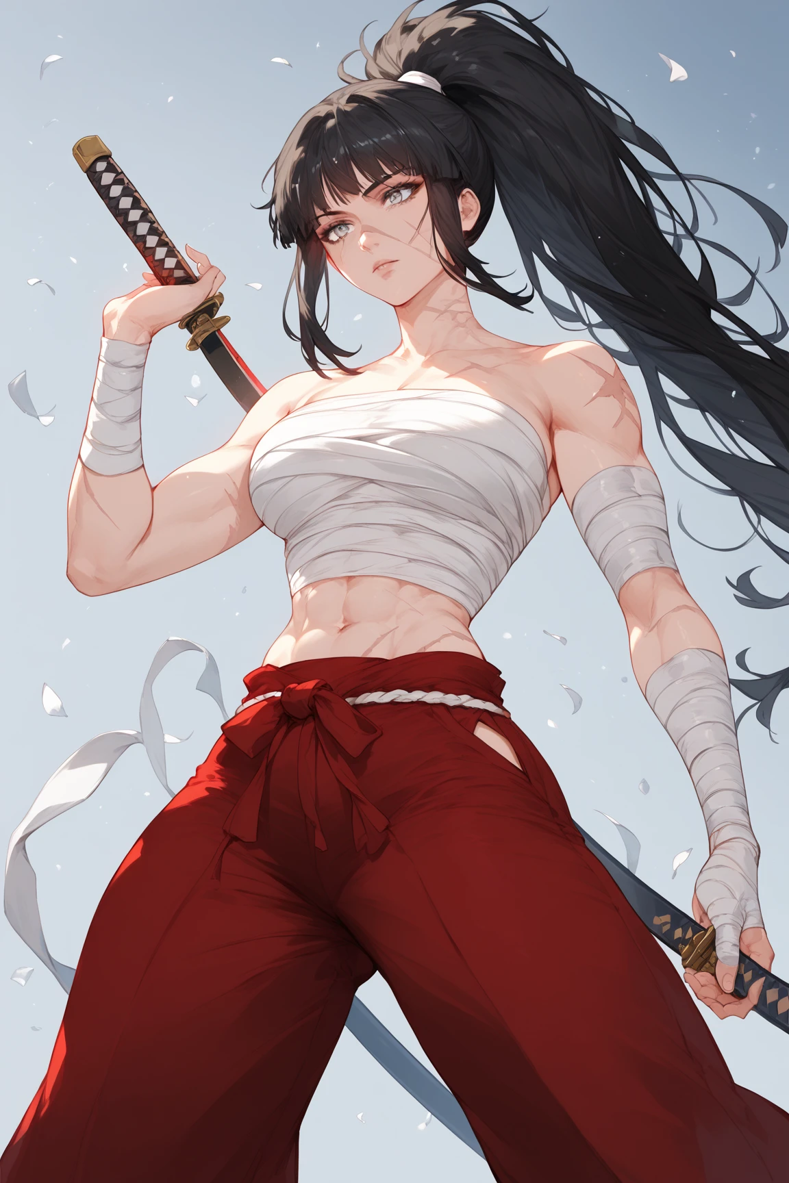 (masterpiece, best quality:1.2), expressive eyes, perfect face, highres, 1girl, solo, ryu \(sf\), (female:1.5), black hair, long hair, dougi, fingerless gloves, headband, no pants, standing, cowboy shot, looking at the viewer
