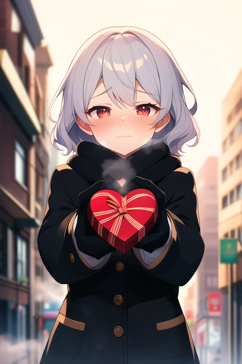 {{{masterpiece}}}, {{{best quality}}}, {{ultra-detailed}}, {illustration}, {{an extremely delicate and beautiful}}, Countless buildings, photography,scifi,city, buildings,highs, keosz, steam, Foggy,over size clothes, blurry background, extremely detailed C, anime, 1 girl, solo, solo focus, short hair, silver hair, wavy hair, tired hair, red eyes, tsurime, large breasts, disdain, disappointed, over size clothes, over size black sweater, blurry background, school uniform, Wearing black school sweater, Leave the second button undone, Loosed tie, full-face blush, closed mouth, half closed eyes, Adorable, winter, daytime, Exhale white breathe, throw, standing, In the city, Oversized black coat, gloves, boots, Wear a black wool scarf, steam, breathe, Blurred Background, Looking up at the viewer, from above, Giving Heart-shaped box, presents, Receive a gift, Valentine's Chocolate, wavy mouth, outstretched forward arms, upper body, Valentine, ValentinesDay,