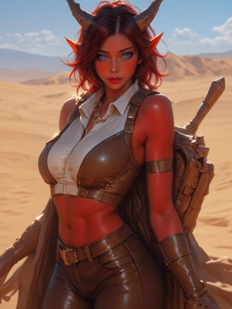 (Top Quality, 8k), Seductive woman in a post-apocalyptic setting, on an arid planet where the moon is unusually close, Ultra-detailed, Sexy, curvaceous figure, Radiant, shimmering skin, softly glowing in the dim light, Wearing tattered yet elegant clothing, Hints of intricate patterns and bold colors, Eye-catching accessories adorn her body, Hair styled in a wild, windswept mane, Lips slightly parted in a sultry expression, In the background, a hauntingly beautiful landscape of rust-red dunes and craggy cliffs, Glowing neon signs of abandoned structures peek