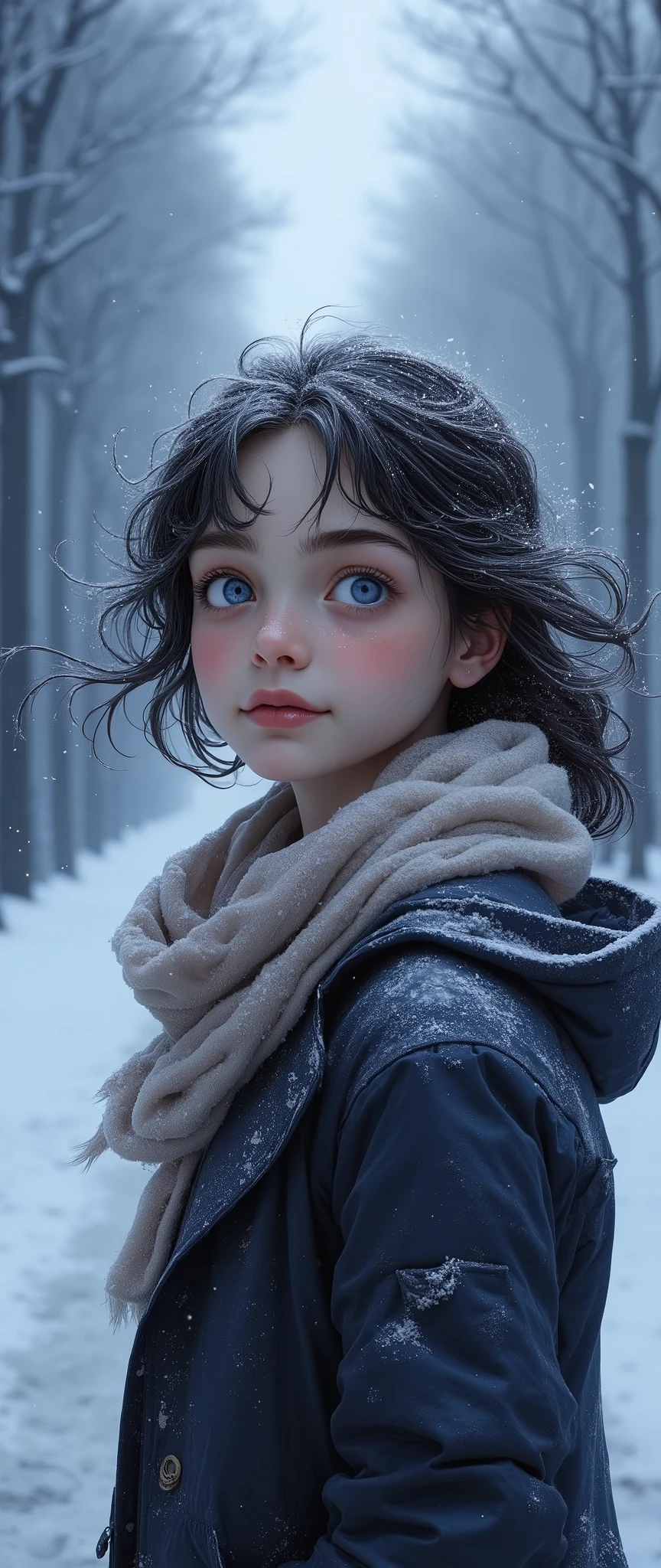 1 girl, European, , big blue eyes , dark hair winter ( close-up of the upper body ), The girl is walking along a long alley with trees. The girl's body is shot from the side ( head turned towards the viewer ). winter atmosphere , ((snow falls in flakes )), snowdrifts , fog. cold. frost. front view. asahi . Beautiful gradient , written in the depths , Particles of light and snow dust flutter in the air , gently frame her sweet casual hairstyle, Beautiful pale face, cold blush , girl looks up at the sky , beautiful hair , fluttering in the wind . The girl is dressed in a warm , soft jacket and scarf . Girl with a gentle smile , photo by Acrial