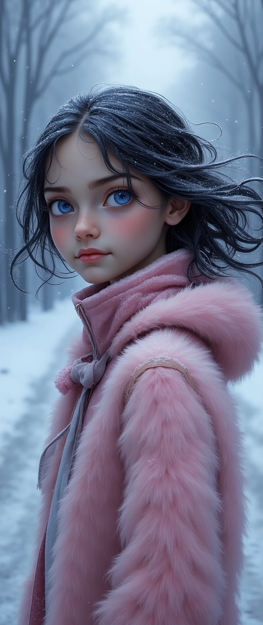  1 girl, European, , big blue eyes ,  dark hair winter  ( close-up of the upper body ),  The girl is walking along a long alley with trees.  The girl's body is shot from the side  ( head turned towards the viewer ).  winter atmosphere , ((snow falls in flakes )), snowdrifts , fog. cold. frost.  front view. asahi .  Beautiful gradient ,  written in the depths ,  Particles of light and snow dust flutter in the air ,  gently frame her sweet casual hairstyle, Beautiful pale face,  cold blush ,  girl looks up at the sky ,  beautiful hair ,  fluttering in the wind .  The girl is dressed in a warm , soft pink fur jacket and scarf  . Girl with a gentle smile , photo by Acrial 