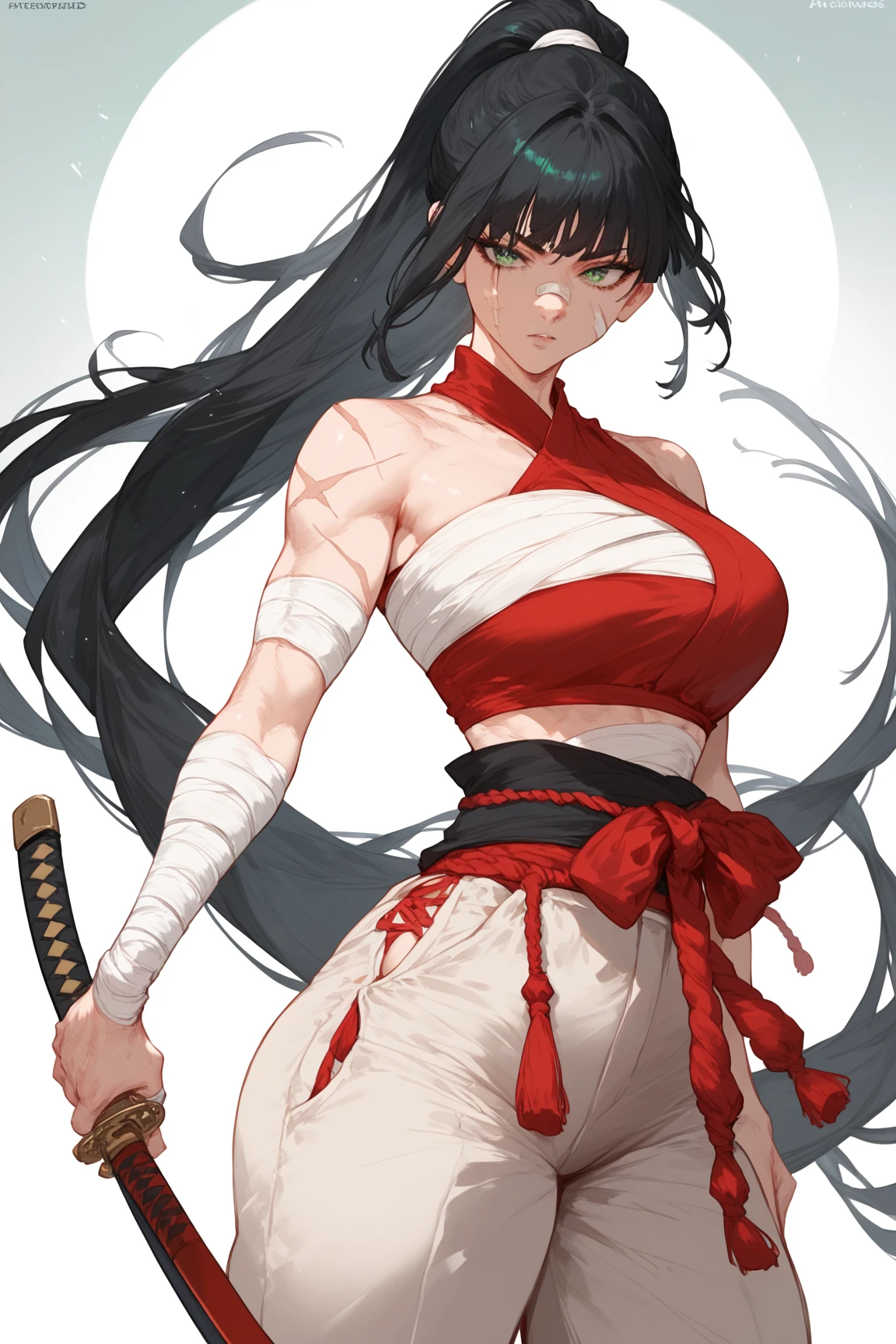 msmkazumi, robe,hot, sexy, ,dramatic lighting, illustration by JUNNY, Detailed, Detailed background, Dojo, Black hair, thick thighs, nice figure, gauntlets, Red and white outfit, rule of 3rds, line art, hand drawn, natural style,