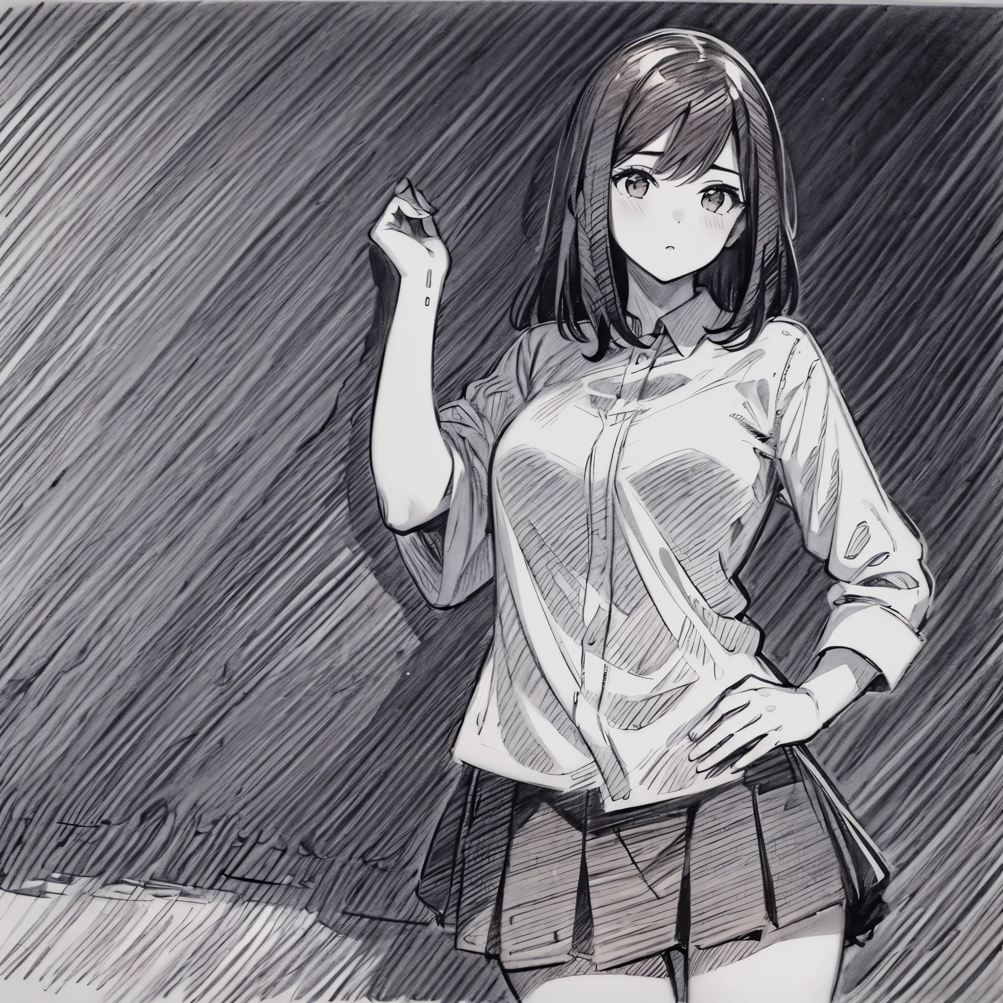One Girl,Line art,Monochrome,sketch,Pencil drawing,Traditional Media,One Girl, skirt,e agerls, ,Beautiful portrait、Delicate body、Black Hair、Black Hair,landscape