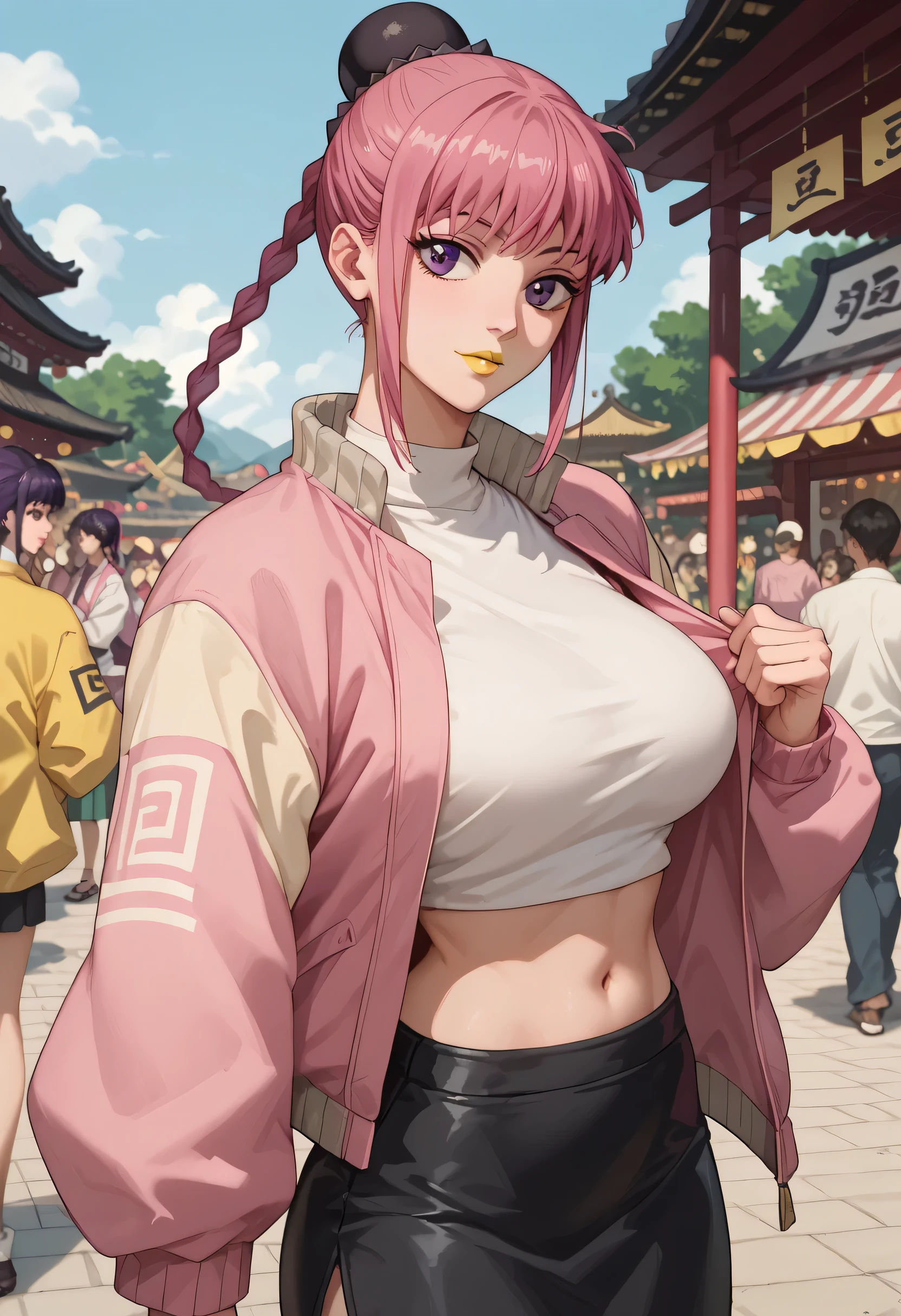 woman, big breasts, pink hair, purple eyes, white skin, yellow lipstick, anime style, ponytail, open pink jacket, Japanese festival, short white blouse, exposed belly button, black skirt, braided hair, Lu Shaotang, Sakamoto Days