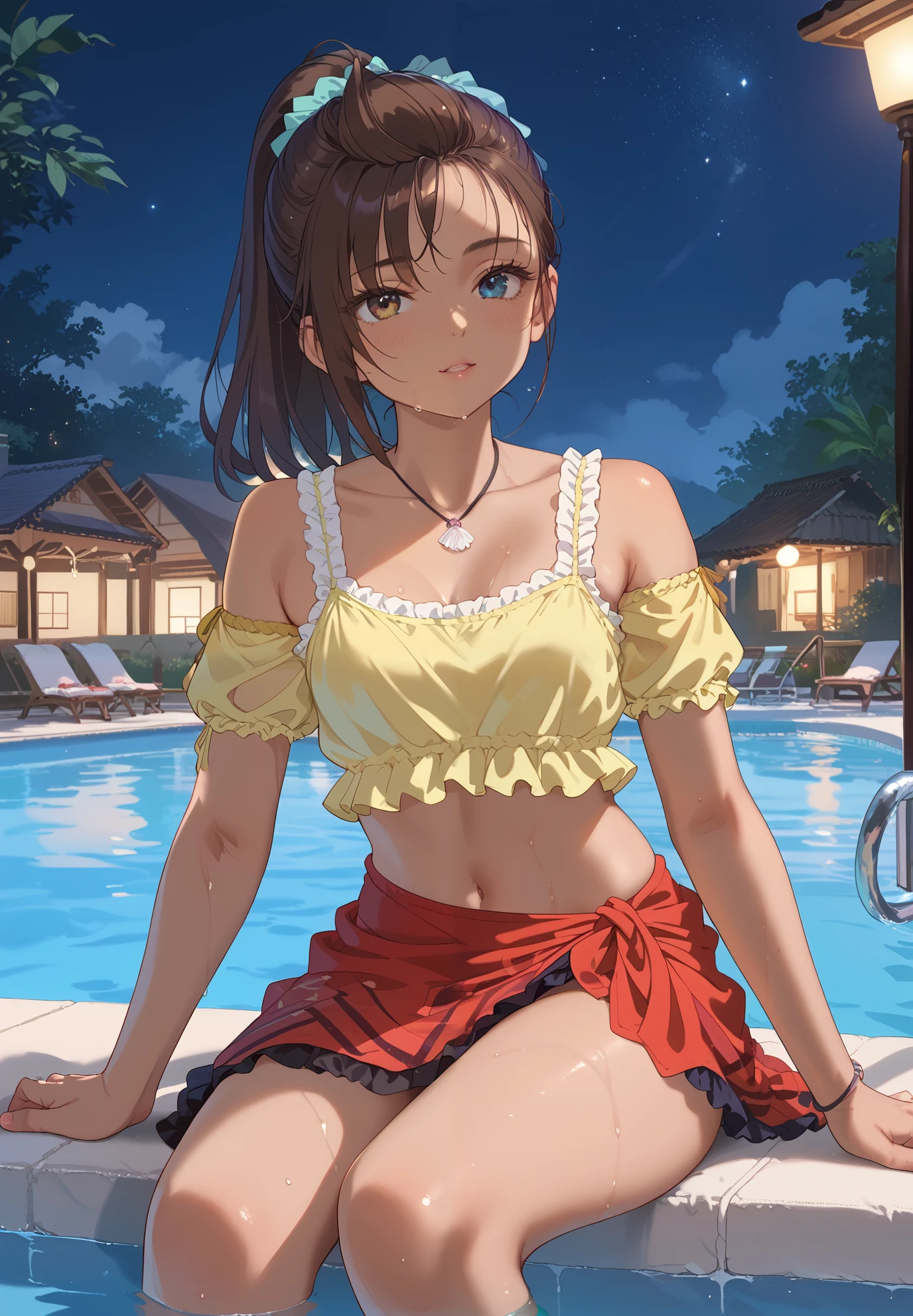 score_9, score_8_up, score_7_up, 1girl, Priscilla, brown hair, ponytail, dark-skinned female, wet skin, sitting on a sunbed, yellow crop top, red sarong, sexy pose, lustful, BREAK, night time, poolside, cinematic lighting,