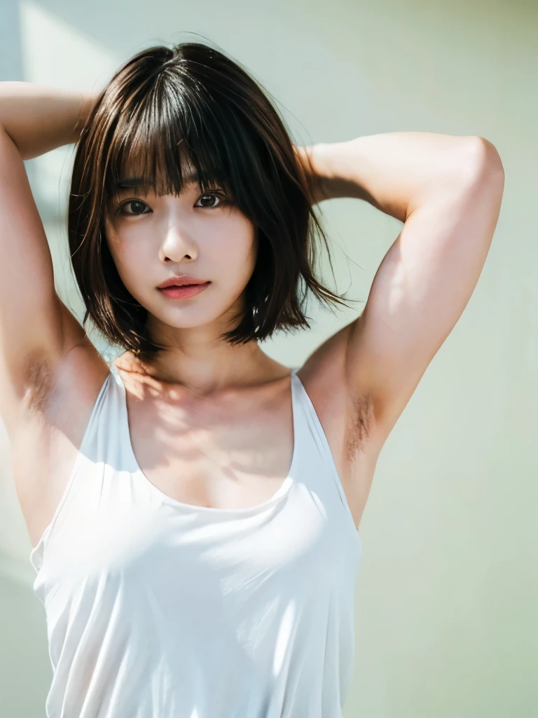 1girl, (Japanese girl, hands behind head, hairy armpit exposed), ((white tank-top)), slender body, cleavage, (hairy armpits:1.2, armpit hair:1.4), pale skin:1.2, (bob hairstyle, black hair), white wall, studio lighting, looking at viewer, Realistic, (real picture, Intricate details), natural skin texture:1.5