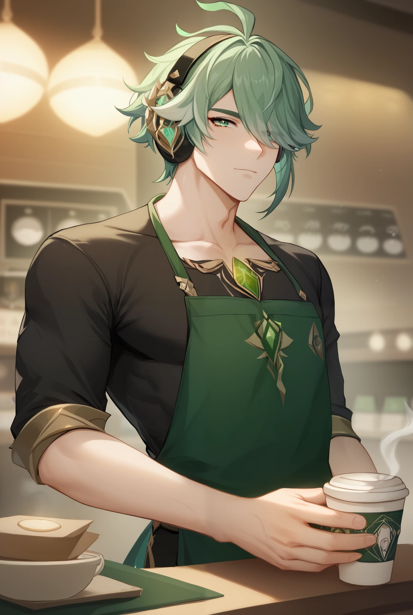  Masterpiece ,  better quality, 
Alhaitam ,  1 boy ,  male focus, One, green eyes, седые  hair,  hair,  combed back , короткие  hair, ahoge, swept-back bangs,  hair,  hair covering one eye ,  headphones, shirt,  black shirt , compression shirt ,  jewelry , chest jewel,  jewel , green  jewel stone,  gold trim, sight (Genshin Impact), coffee shop background ,  cup of coffee, barista, green apron