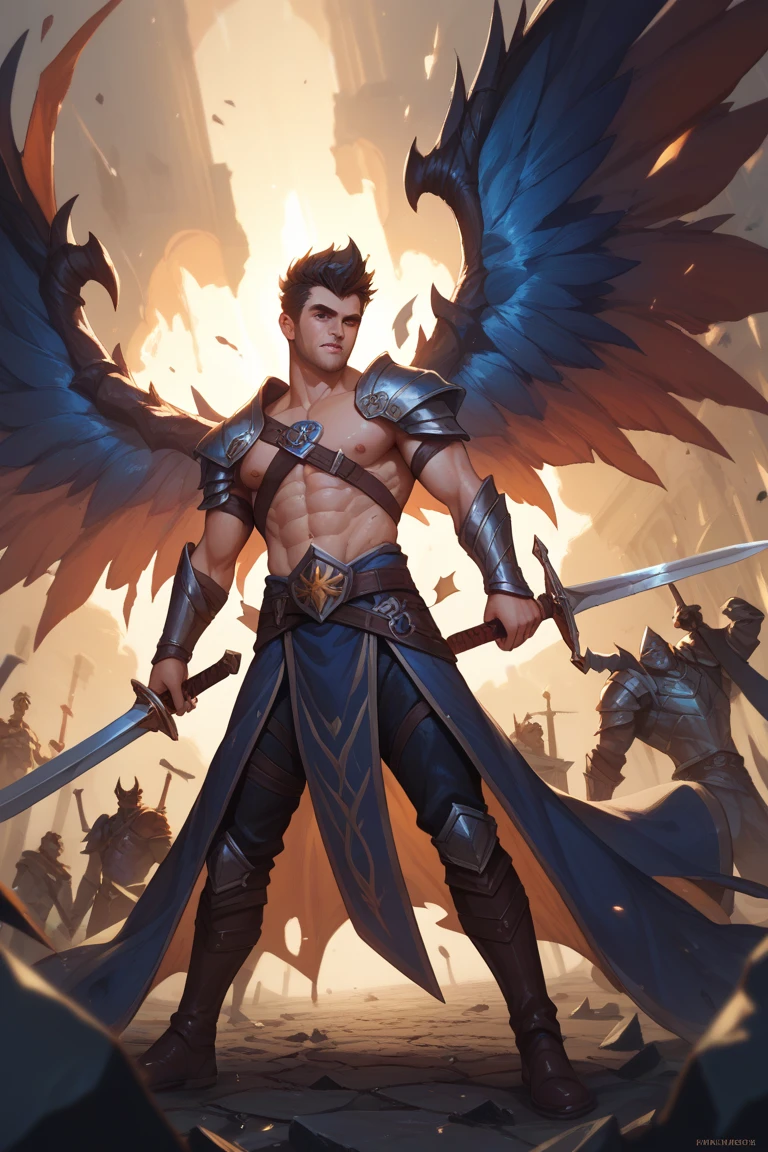 a man, (fantasy style), (best quality, 4K, 8K, high-resolution, masterpiece), ultra-detailed, intricate designed, vibrant colors, otherworldly appearance, glowing elements, complex patterns, dynamic lighting, cinematic composition, high detail, high resolution, (league of legends style), BadDream, bhands