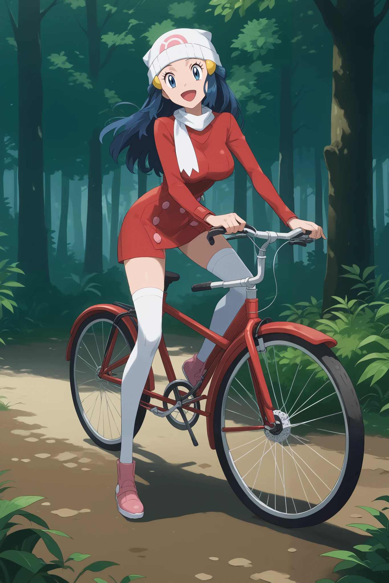 Dawn \(Pokemon\),
long hair, dark blue hair, blue eyes, large breasts,
skinny, sidelocks, hair ornament, wide iris, wide pupils,
score_9, score_8_up, score_7_up, source_anime, masterpiece,
best quality, solo_focus, detailed eyes, clean face, anime screencap,
nature, forest, trees, bike, bicycle, cycling,
full body, full body view, happy, happy expression,
beanie, white headwear,
red coat, long sleeves,
white thighhighs, white socks, white tighhighs socks,
pink boots,
white scarf,