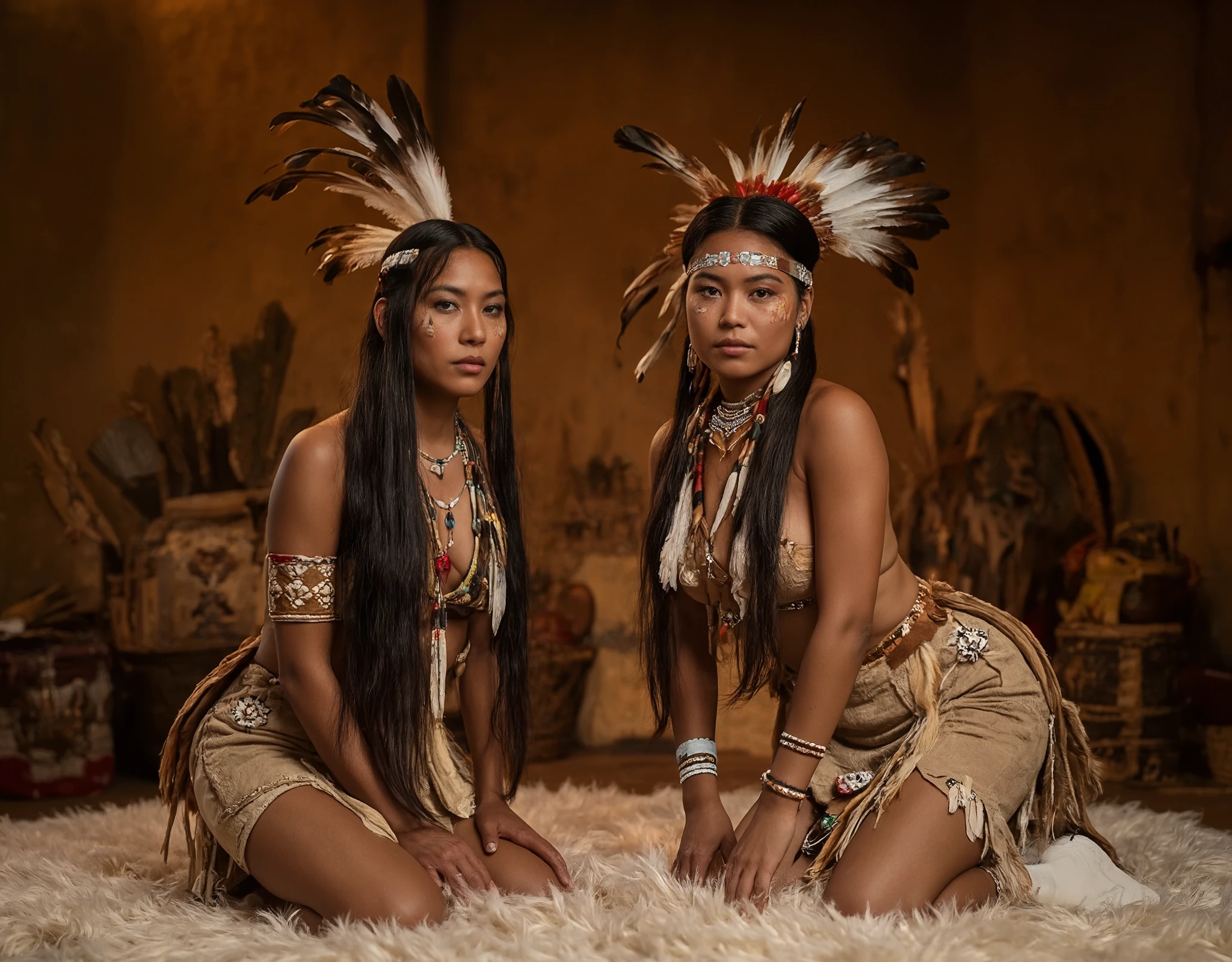 A professional photograph of two indigenous women kneeling on a soft fur-covered floor, dressed in traditional-inspired attire. They have long, straight black hair and wear intricately designed feathered headdresses, one with a mix of dark and light feathers, the other predominantly white with brown and red accents. Their outfits are made of rustic, earth-toned fabric, consisting of minimalistic, handmade tops and skirts adorned with tribal patterns and beaded accessories. Their skin is smooth, with subtle traditional face paint enhancing their striking features. They gaze directly at the camera with intense, confident expressions, embodying strength and cultural pride. Their poses are elegant yet assertive, with one slightly leaning forward and the other maintaining an upright posture, showcasing their presence. The background features a warm, earthy-toned setting with textured walls resembling a tribal lodge. Handwoven baskets and other indigenous artifacts are placed around them, reinforcing the authenticity of the scene. The lighting is soft and warm, casting gentle shadows that highlight the details of their clothing, accessories, and facial expressions. The overall atmosphere is immersive and respectful, with a hyper-realistic quality that brings out the intricate textures and natural elements in the composition. Both women have a physical condition where their chests are naturally fuller, a characteristic that is presented matter-of-factly, without emphasis or exploitation, as part of their unique and dignified presence.