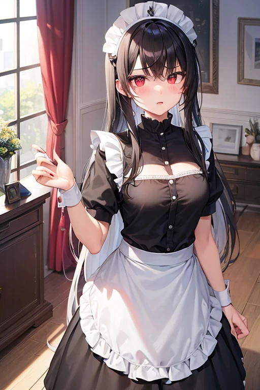 (masterpiece, highest quality), beautiful face,red eyes,red eyes,princess cut,Patsun bangs,whole body, 1 female, alone, maiddress, maid,dress,big breasts,Standing picture,whole body,long,long hair,black hair,Call