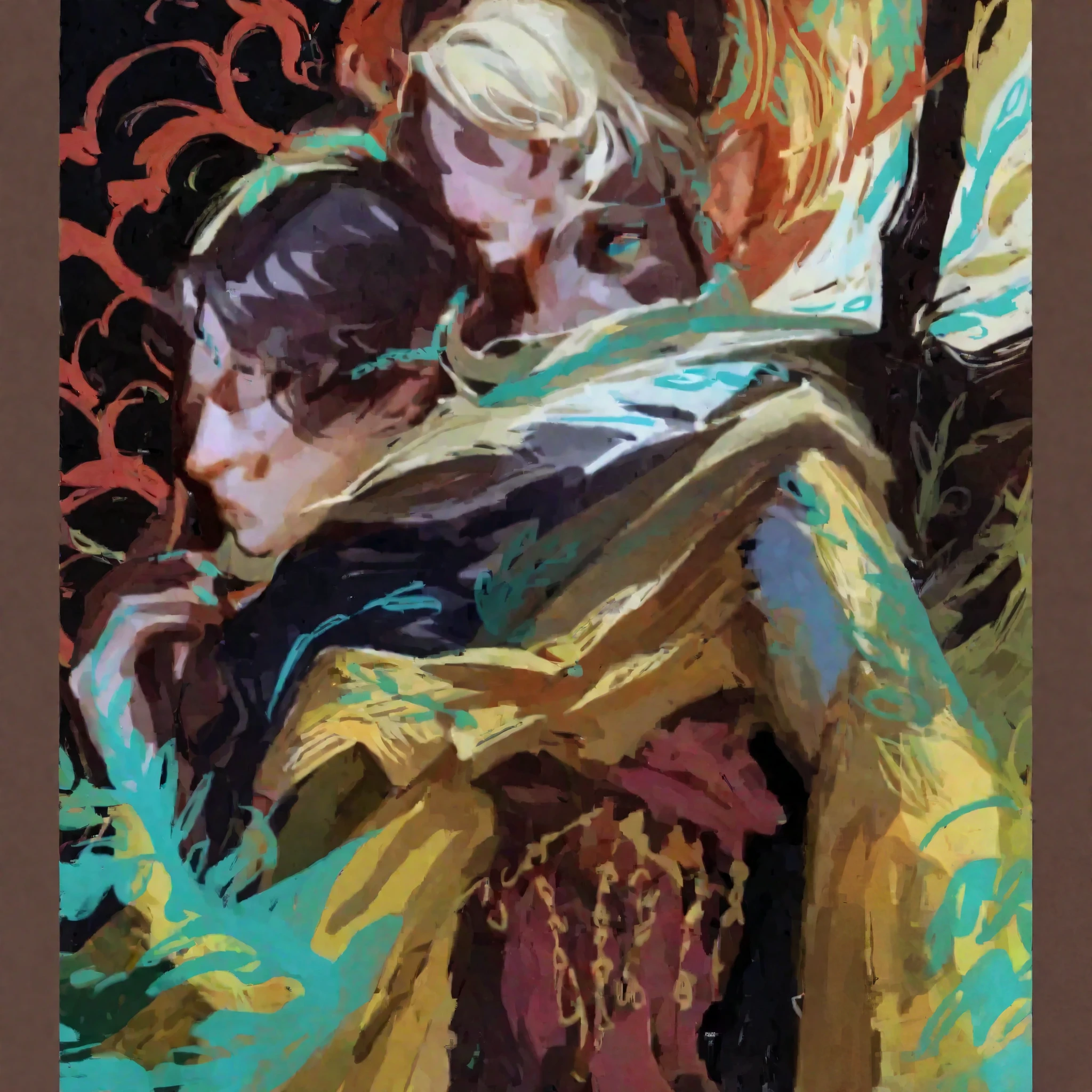 2D ART, hyper detailed gouache painting, illustration, gougoupaintleaves style, portrait of a man, 1boy, solo, long_hair, braided brown hair, high_ponytail_hairstyle, male_drow:1.5, dark elf, black eyes, black_sclera, detailed face, handsome features, dark medieval tunic, pointy ears, standing in a dark forest, pov from_below, frontal full body shot, on simple white background, full body shot, very detailed, ren's picture books, dumner