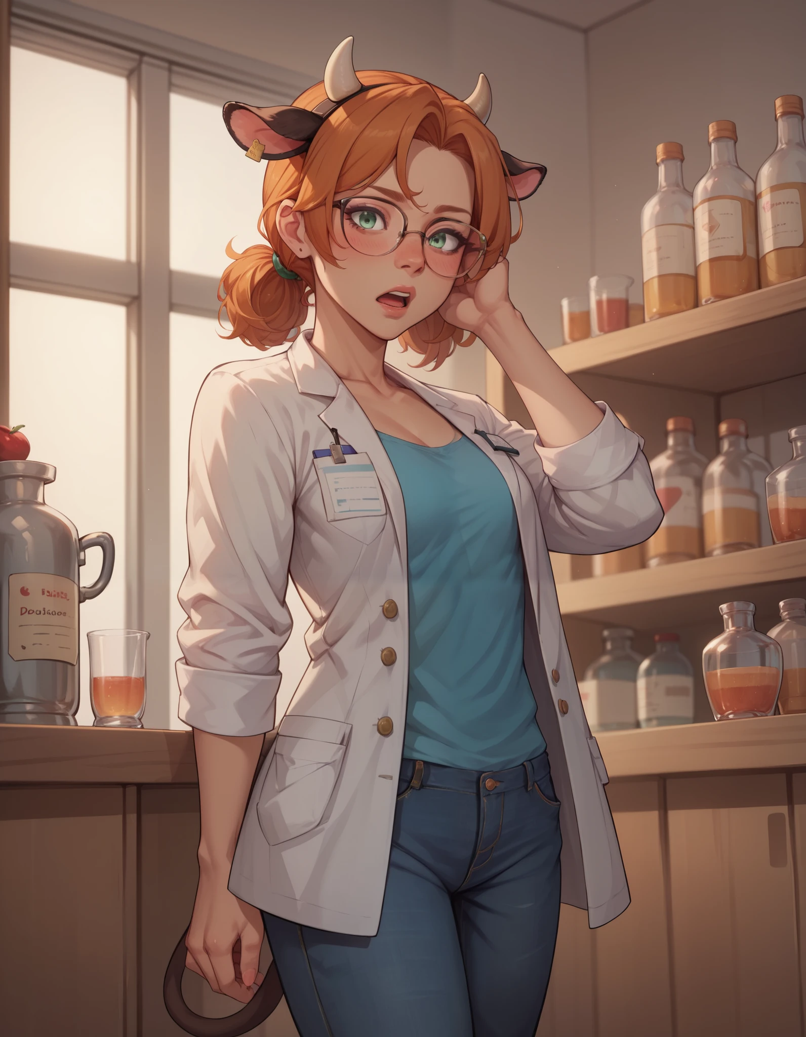Score_9, Score_8_up, Score_7_up, Score_6_up, Score_5_up, Score_4_up, Source_anime, Tag1, Tag2, furry, (cowgirl:1), cow snout, cow ears, cow tail, doctor, lab coat, glasses, jeans, makeup, glowing skin, clarity, Quality_masterpiece, Anatomically correct, Beautiful face, Perfect face, Highly detailed beautiful face and eyes, Attractive face, Detailed face, Delicate facial features, Detailed skin, thin, small breasts, young, cute woman, orange hair, hair light tips, blushed, seductive, hair tied low, left Sidelock, green eyes, open mouth, confused, cute, shy, BREAK Rating_questionable, From above, low view, front view, side view, arm raised, medicine shelf