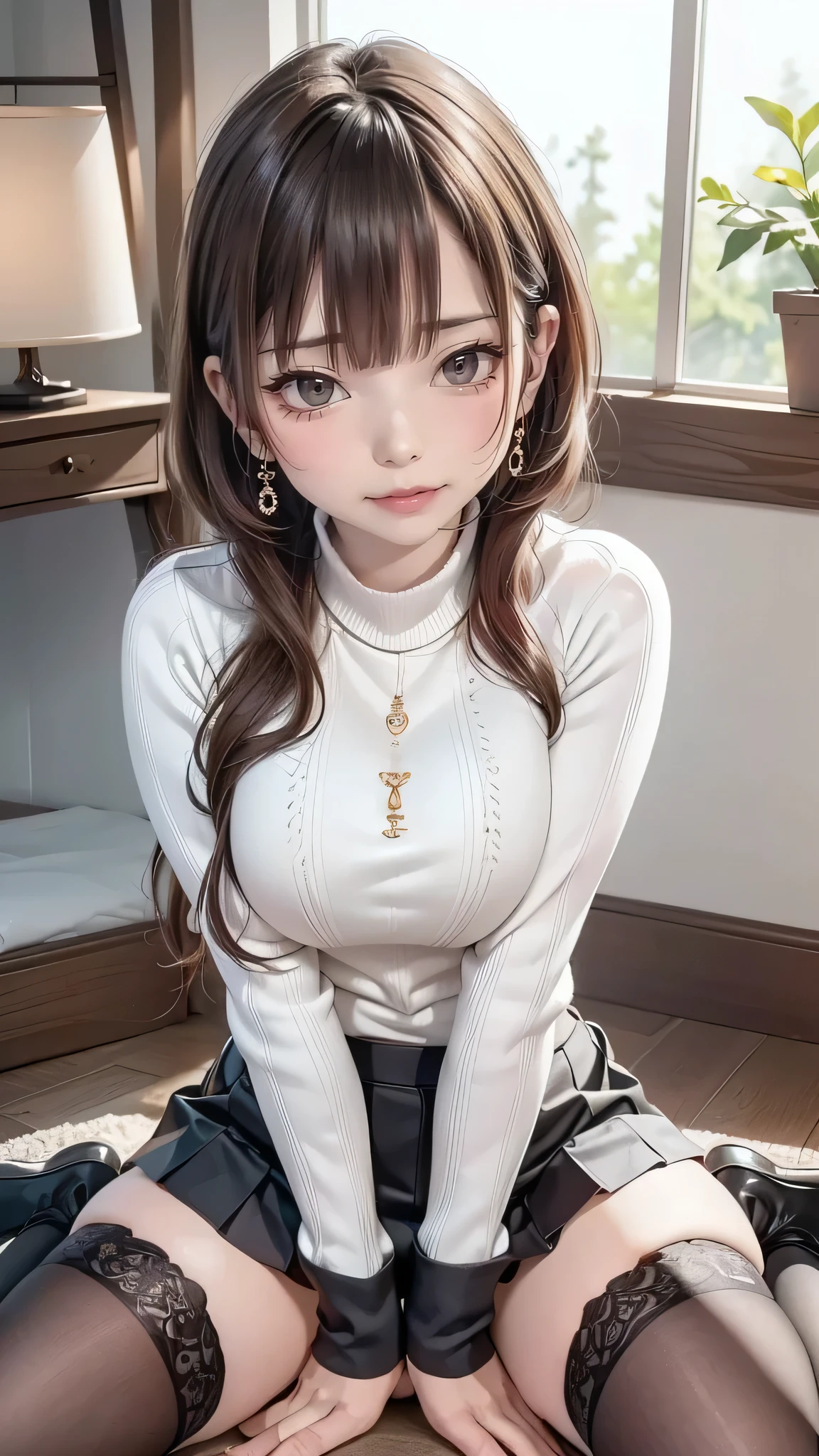 (Random Porn Pose),(Best image quality,(8k),Ultra-realistic,最high quality, high quality, High resolution, high quality texture,High detail,Beautiful details,Fine details,Extremely detailed CG,Detailed Texture,Realistic facial expressions,masterpiece,before),sweater,Tight mini skirt,stockings,Engineer boot