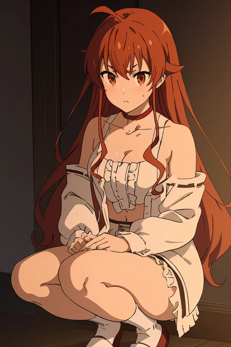 Eris, a girl, red hair, blush, emotional, long hair, underwear, bra, panties, shy,